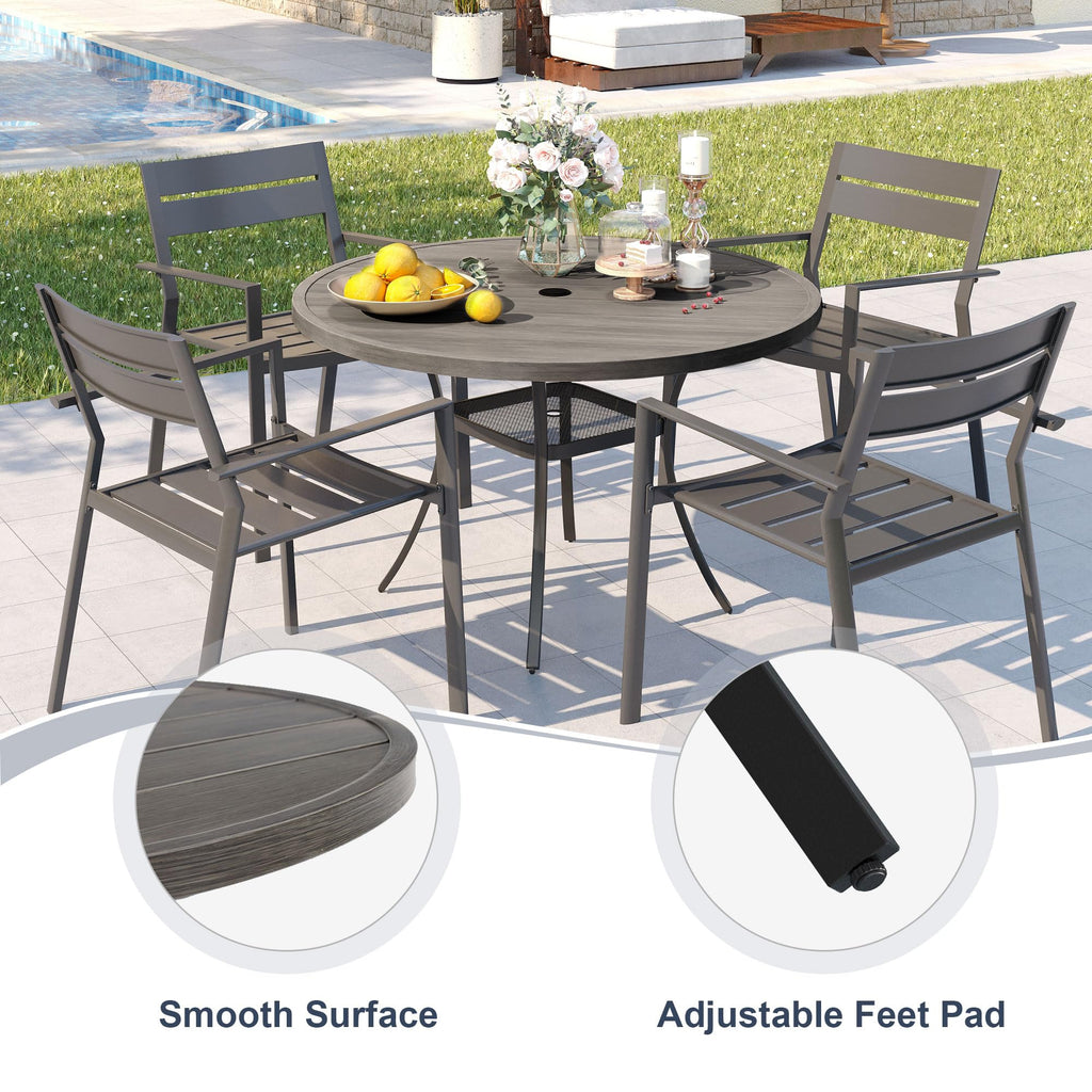 Vicllax Round Patio Dining Table, 4 Person Metal Outdoor Dining Table With Umbrella Hole & Storage Shelf For Garden Lawn Deck, 42' Grey