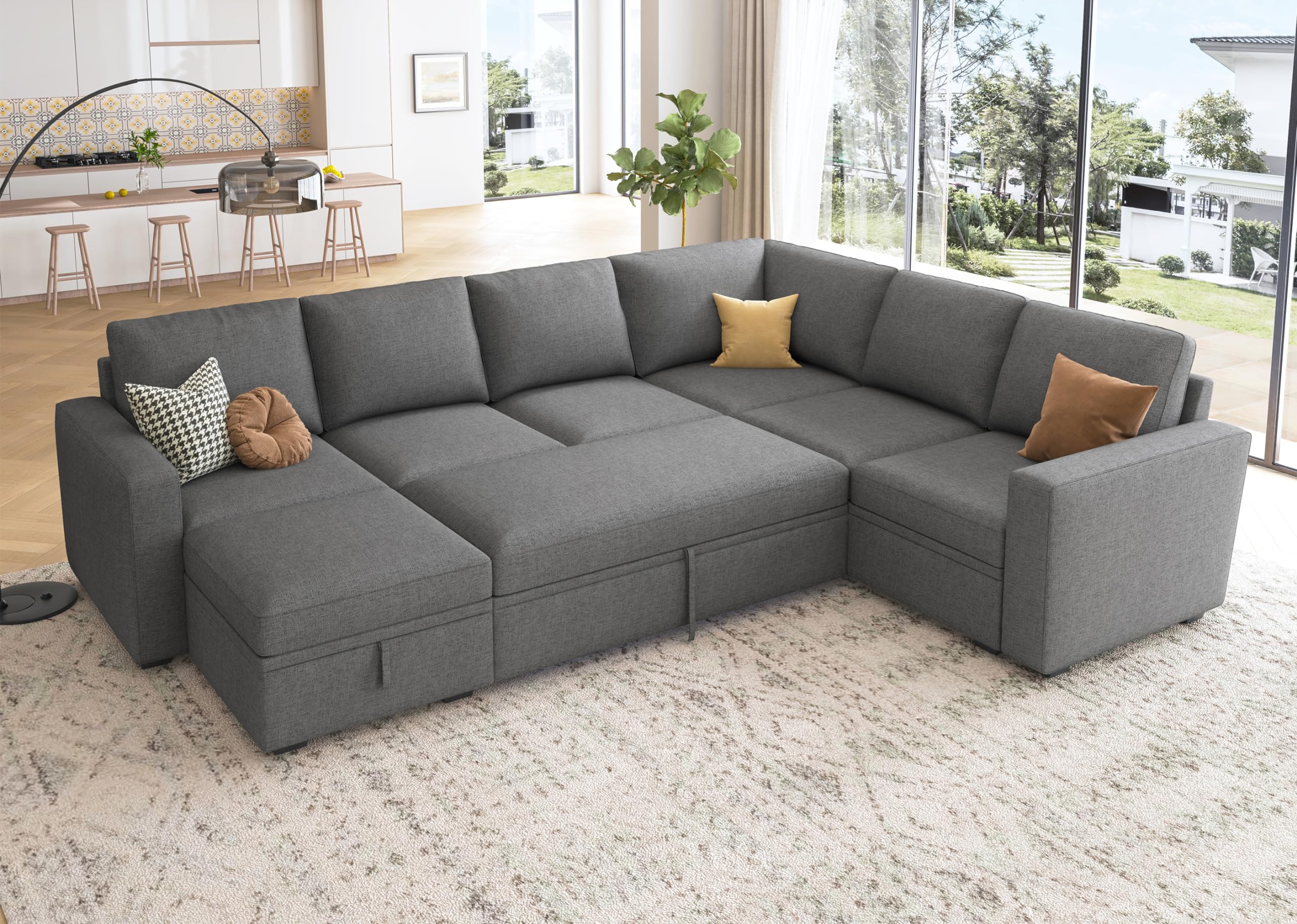 HONBAY Sectional Sleeper Sofa with Pull Out Bed, U Shaped Couch with Storage, Modular Sectional Couches for Living Room, Dark Gr