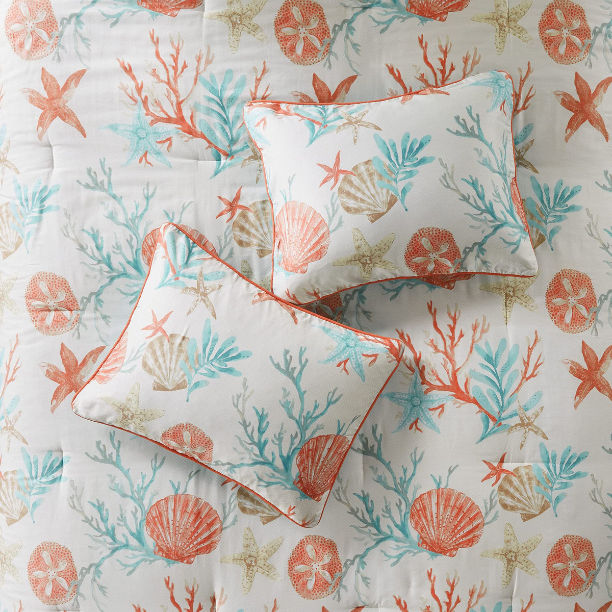 Madison Park 100% Cotton Comforter Set - Coastal Coral, Starfish Design All Season Down Alternative Cozy Bedding With Matching Shams, Decorative Pillow, California King(104'X92'), Teal 7 Piece