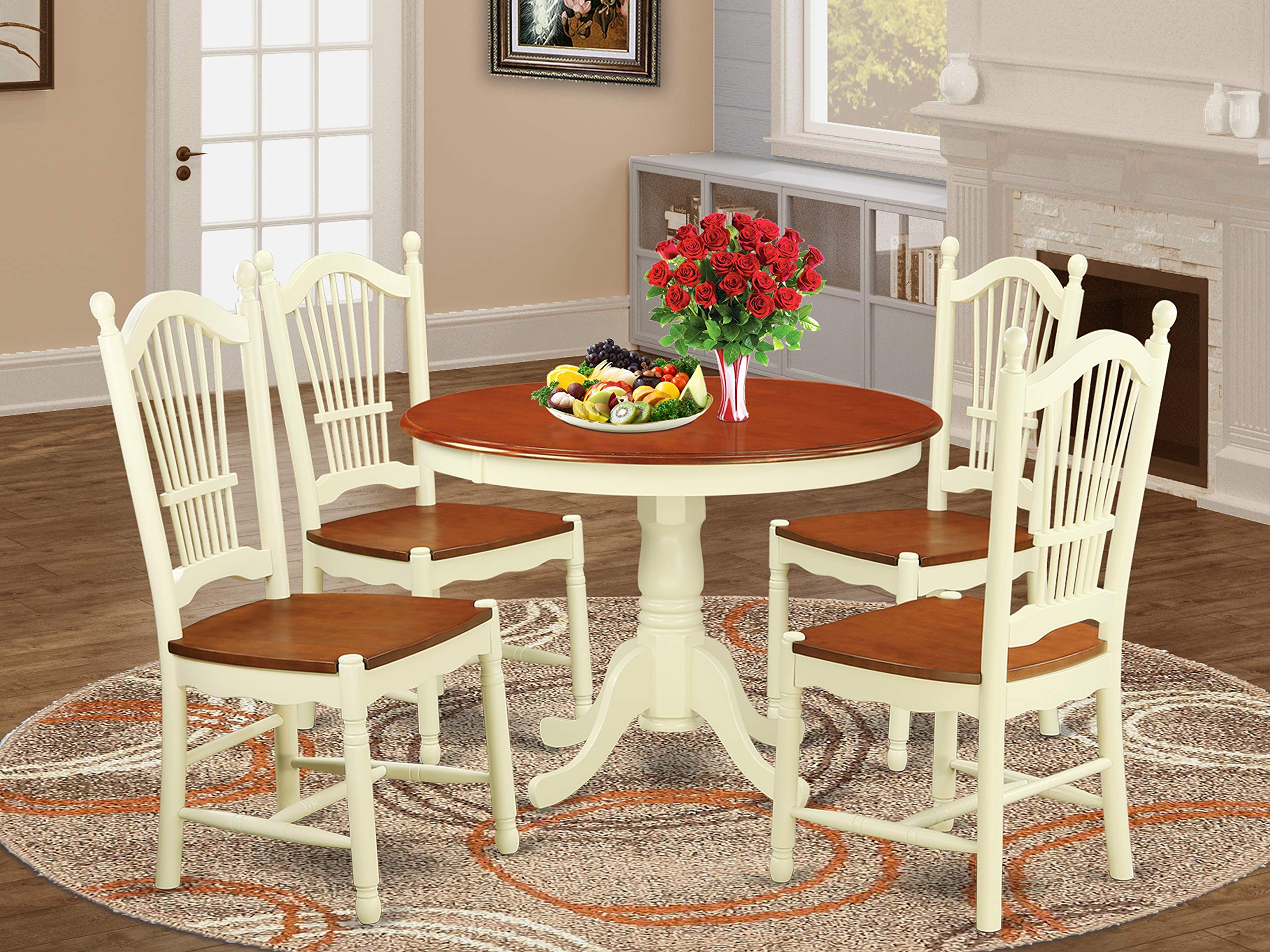 East West Furniture HLDO5-BMK-W 5 Piece Dining Table Set for 4 Includes a Round Kitchen Table with Pedestal and 4 Kitchen Dining Chairs, 42x42 Inch, Buttermilk & Cherry
