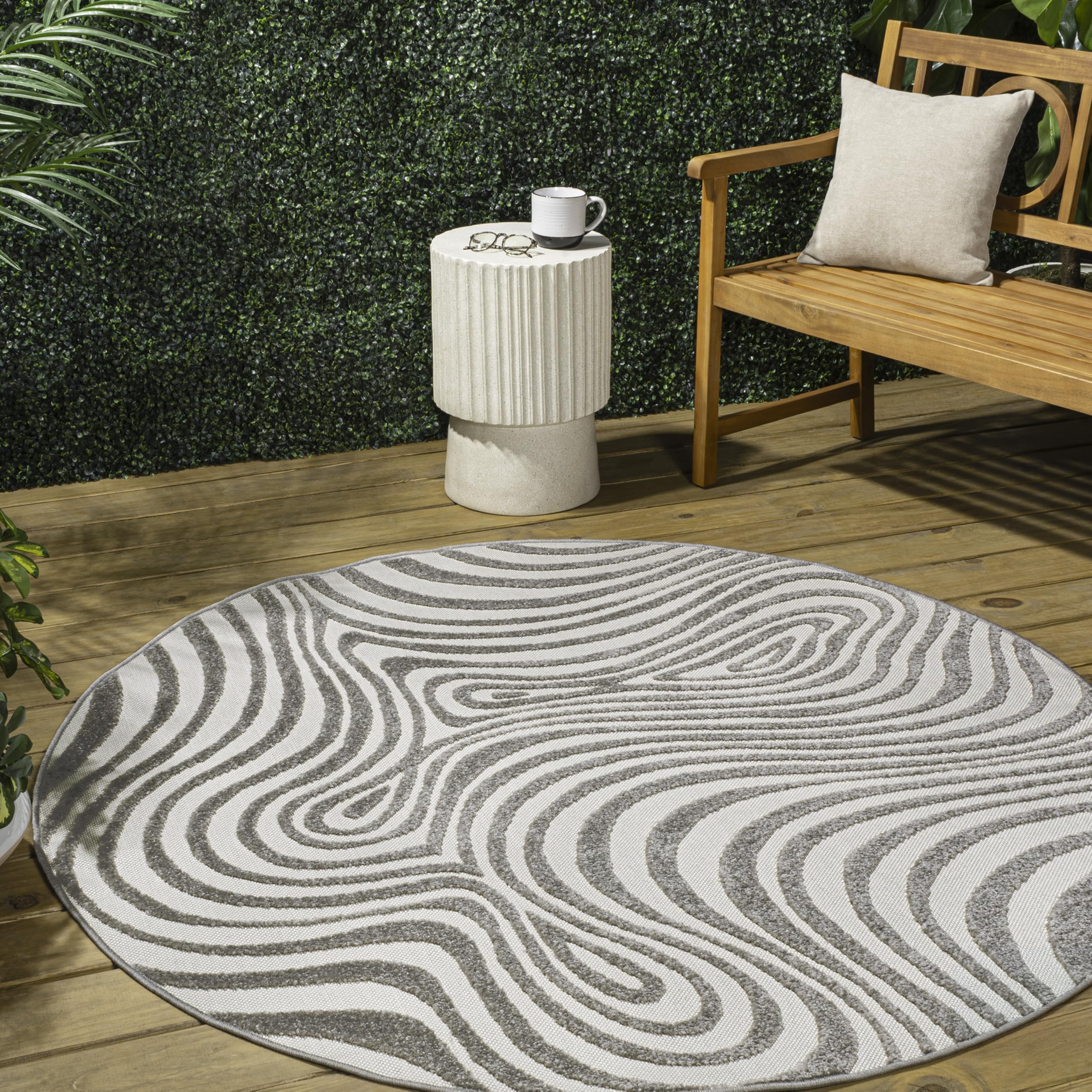 JONATHAN Y SCN103B-6R Maribo High-Low Abstract Groovy Striped Gray/Ivory 6 Round Indoor/Outdoor Area Rug, Pet Friendly, Non-She