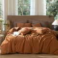 MooMee Wavy Striped Duvet Cover Set 100% Washed Cotton Linen Like Textured Breathable Durable Soft Comfy (Dark Orange, Full 80x9