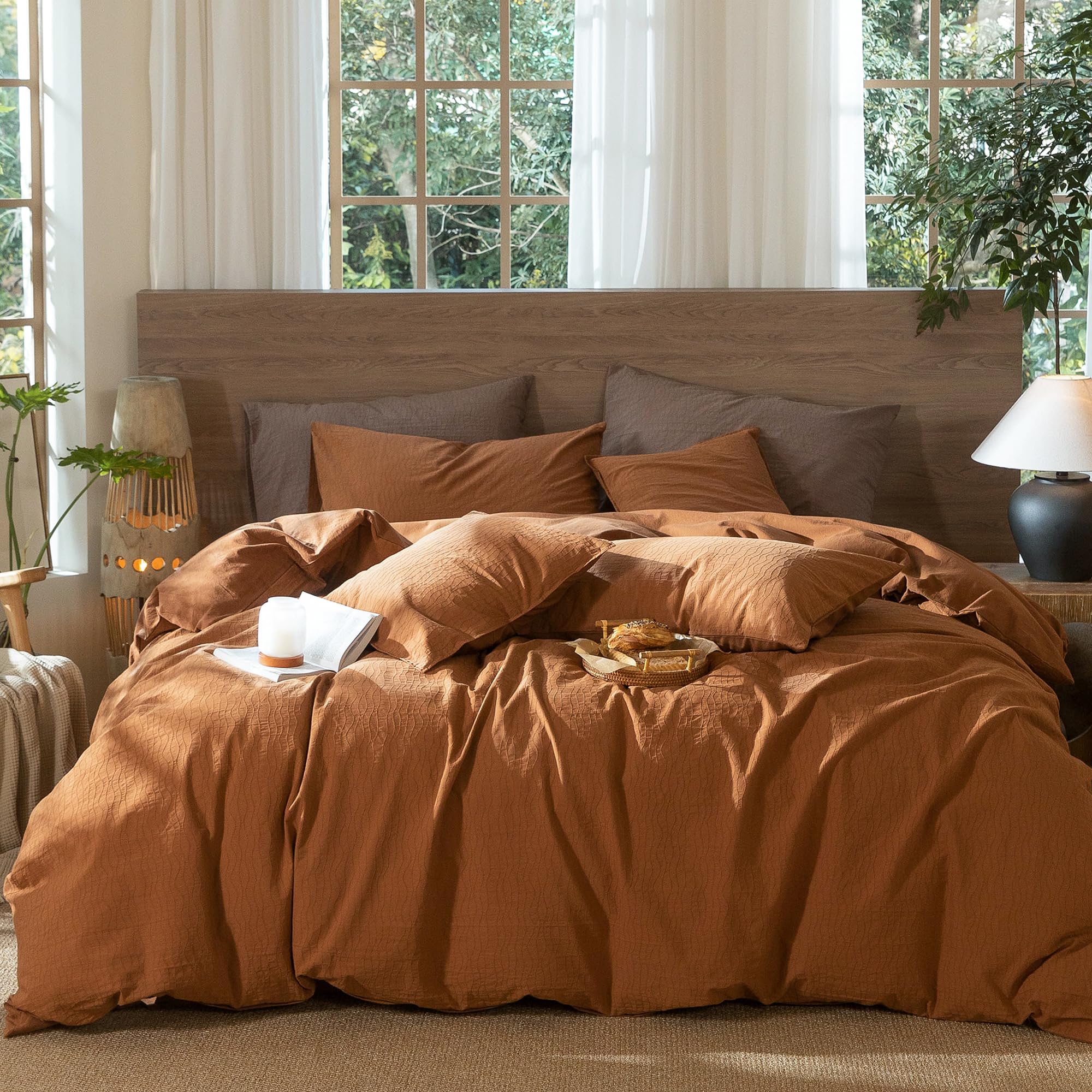MooMee Wavy Striped Duvet Cover Set 100% Washed Cotton Linen Like Textured Breathable Durable Soft Comfy (Dark Orange, Full 80x9