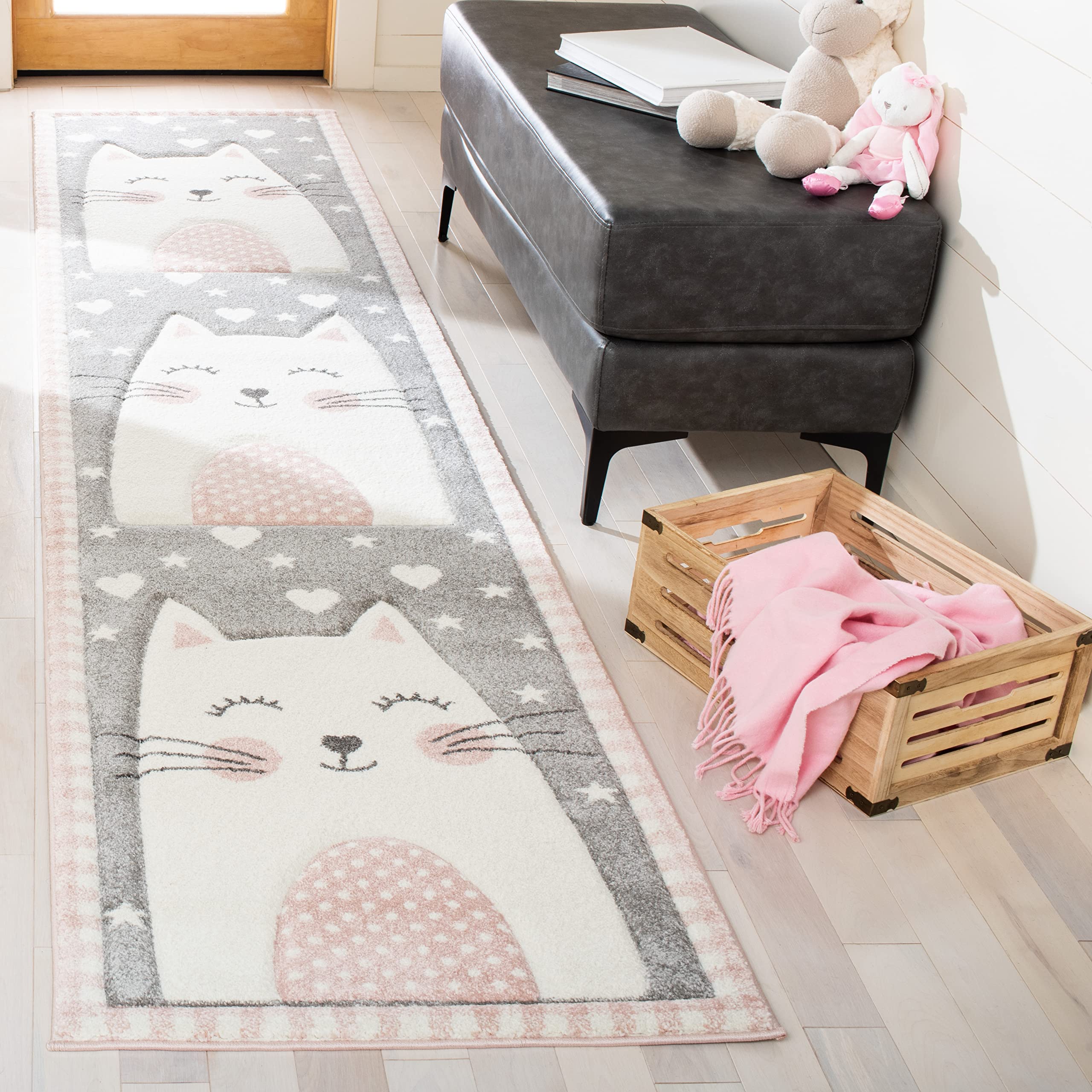 SAFAVIEH Carousel Kids Collection Runner Rug - 23 x 6, Pink & Grey, Cat Design, Non-Shedding & Easy Care, Ideal for High Traff