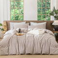 MooMee Gingham Duvet Cover Set 100% Washed Cotton Linen Like Textured Breathable Durable Soft Comfy Modern Checkered Design (Bro