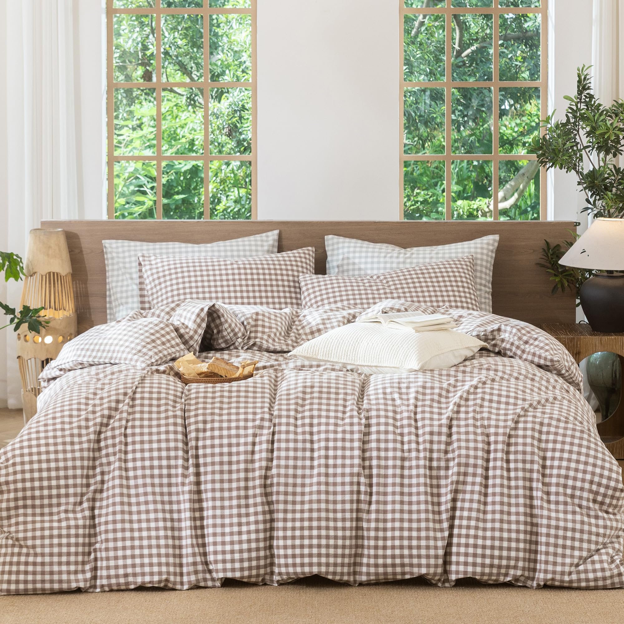 MooMee Gingham Duvet Cover Set 100% Washed Cotton Linen Like Textured Breathable Durable Soft Comfy Modern Checkered Design (Bro