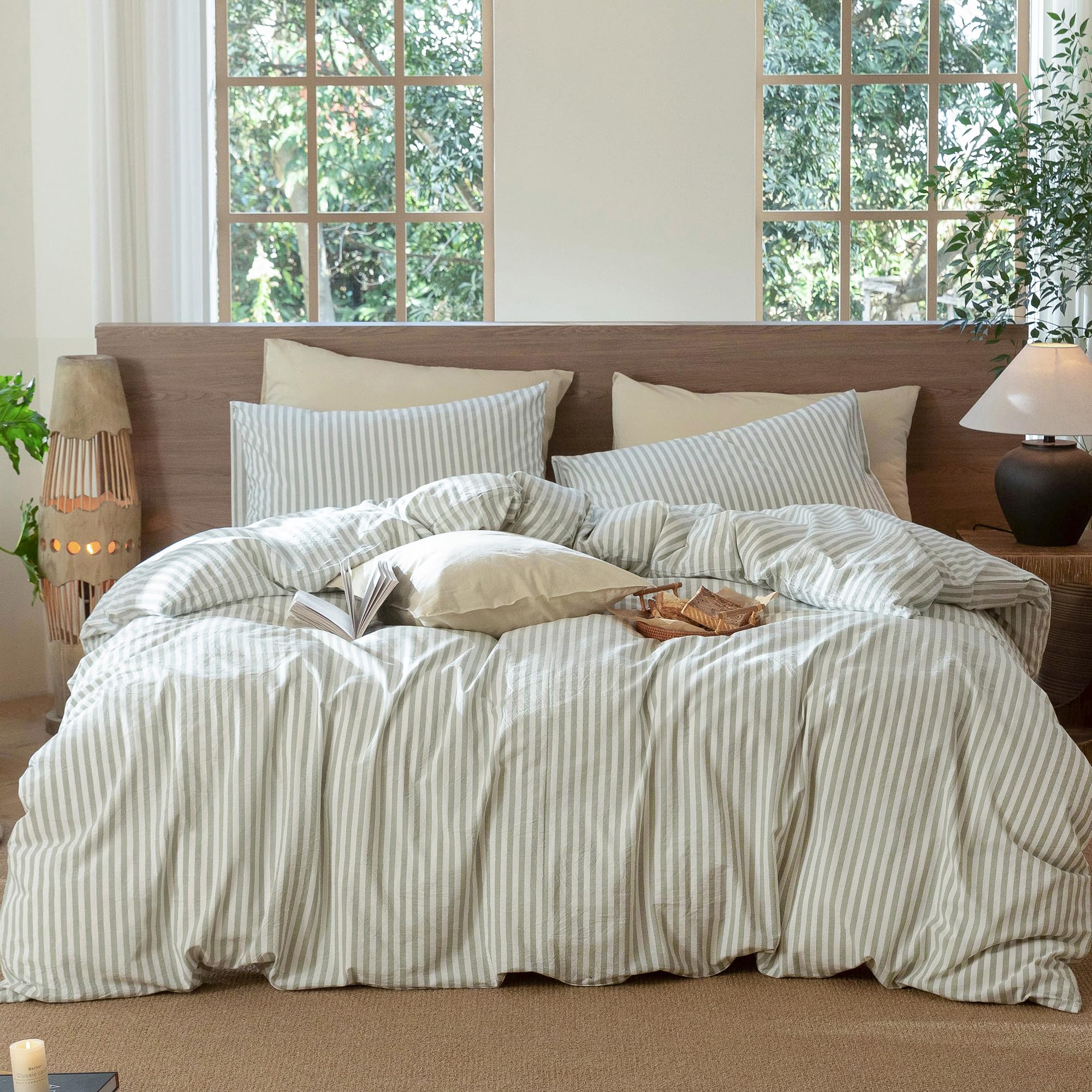 MooMee Striped Duvet Cover Set 100% Washed Cotton Linen Like Textured Breathable Durable Soft Comfy (Sage Green White Classic St