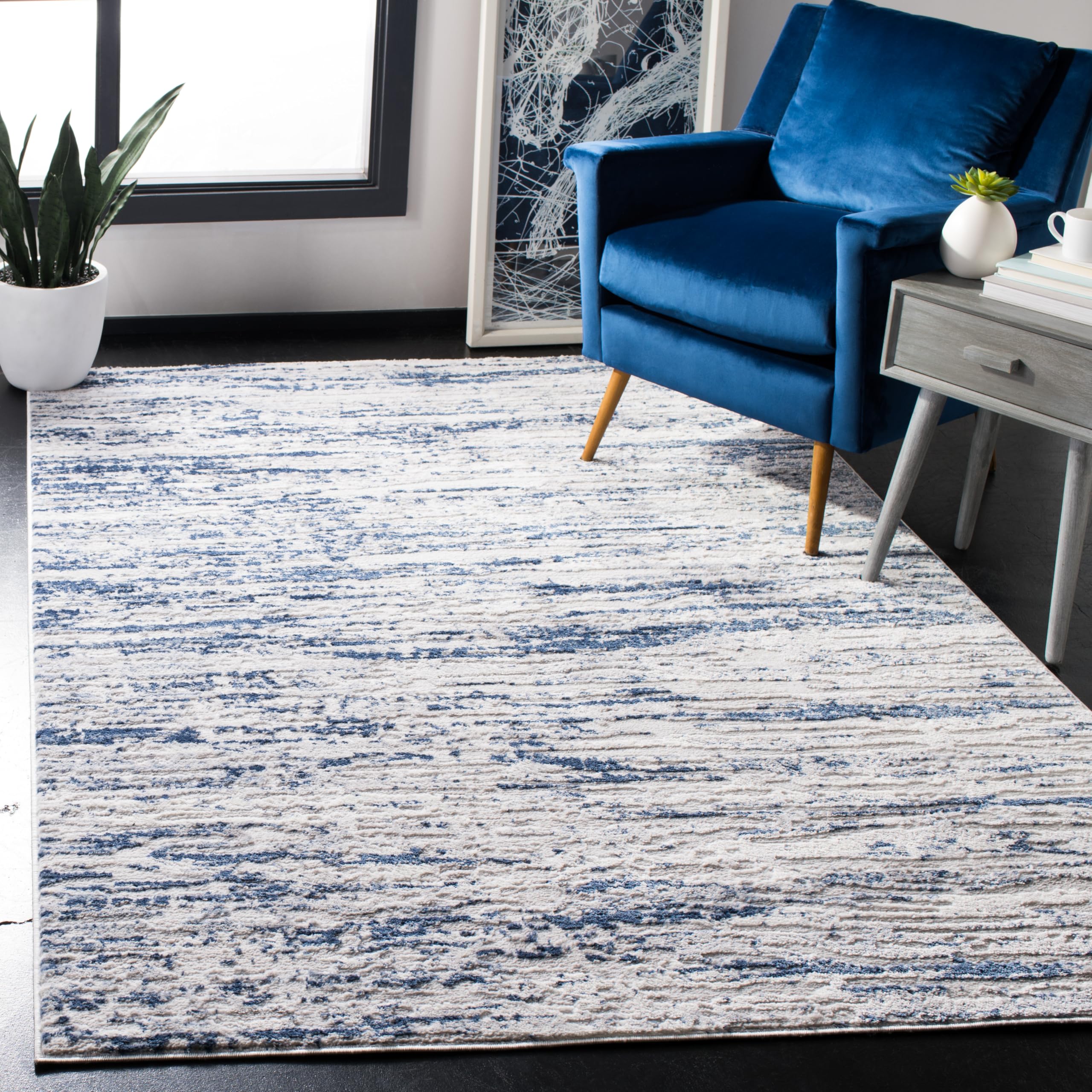 SAFAVIEH Amelia Collection Accent Rug - 4 x 6, Grey & Navy, Modern Abstract Design, Non-Shedding & Easy Care, Ideal for High T