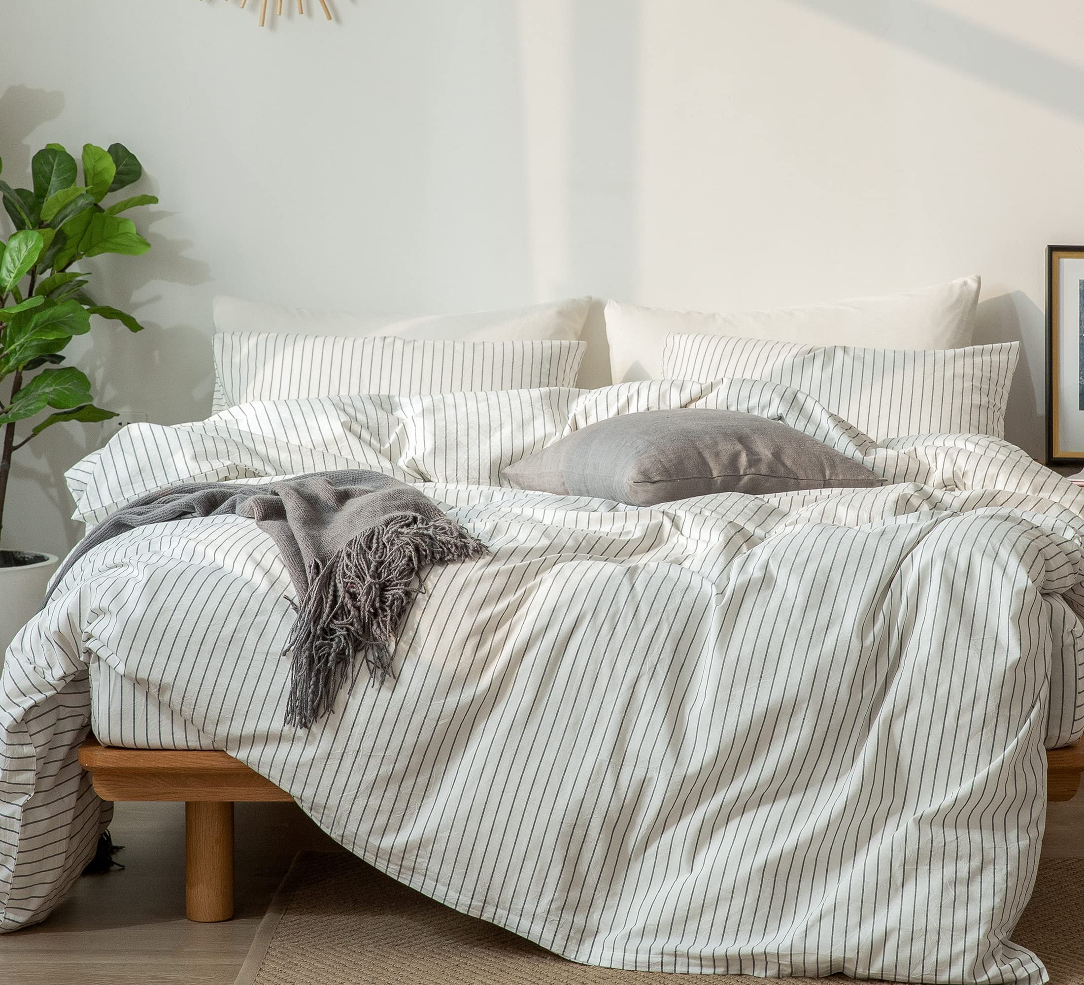 Moomee Bedding Duvet Cover Set 100% Washed Cotton Linen Like Textured Breathable Durable Soft Comfy (White Stripe, Full)