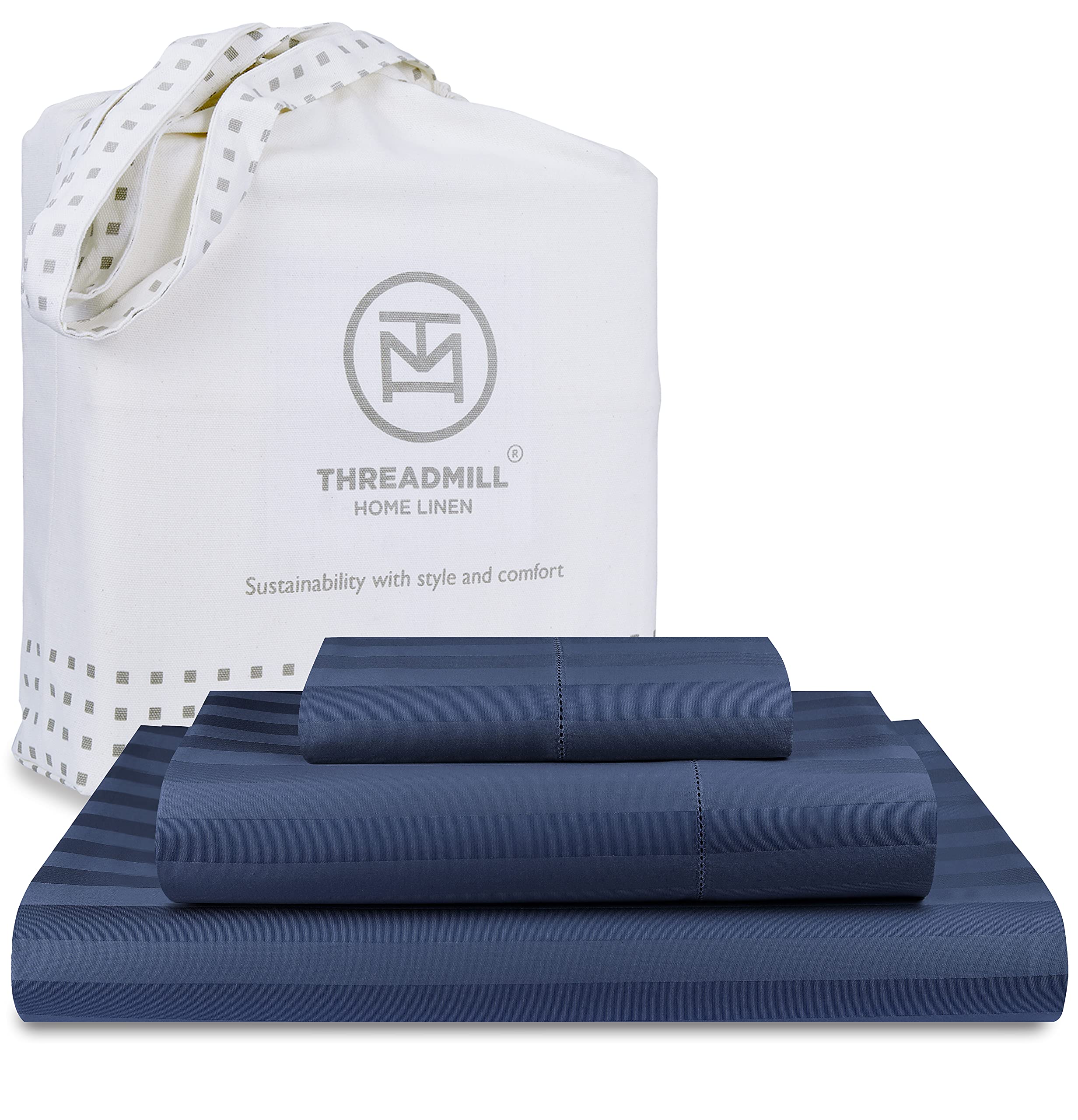 Threadmill 500 Thread Count Twin Size Damask Stripe, 3 Pc Luxury Cotton Bedding Set, Breathable Folkstone Blue Sheets With 15'