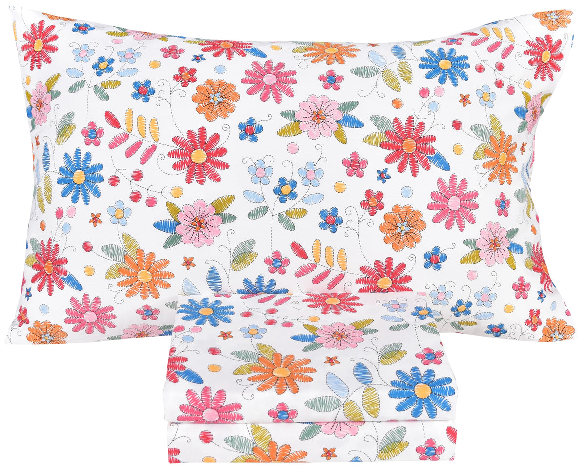 Scientific Sleep Cartoon Floral Flowers 100% Cotton 3 Pcs Twin Bed Sheet Set Kids Toddler Teen, Flat Sheet & Fitted Sheet & Pill