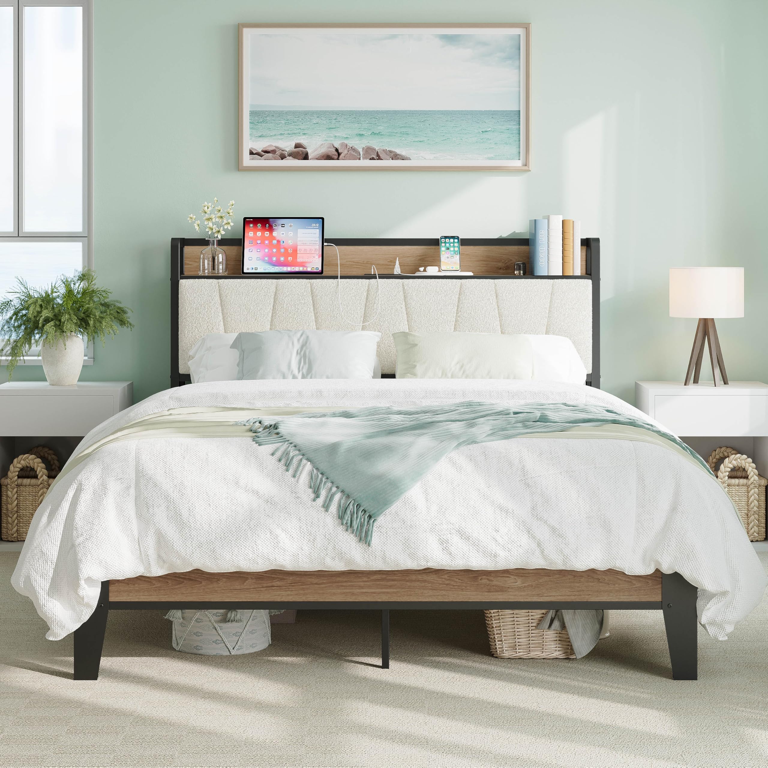 LIKIMIO Queen Bed Frames, Storage Headboard with Charging Station, Solid and Stable, Noise Free, No Box Spring Needed, Easy Asse