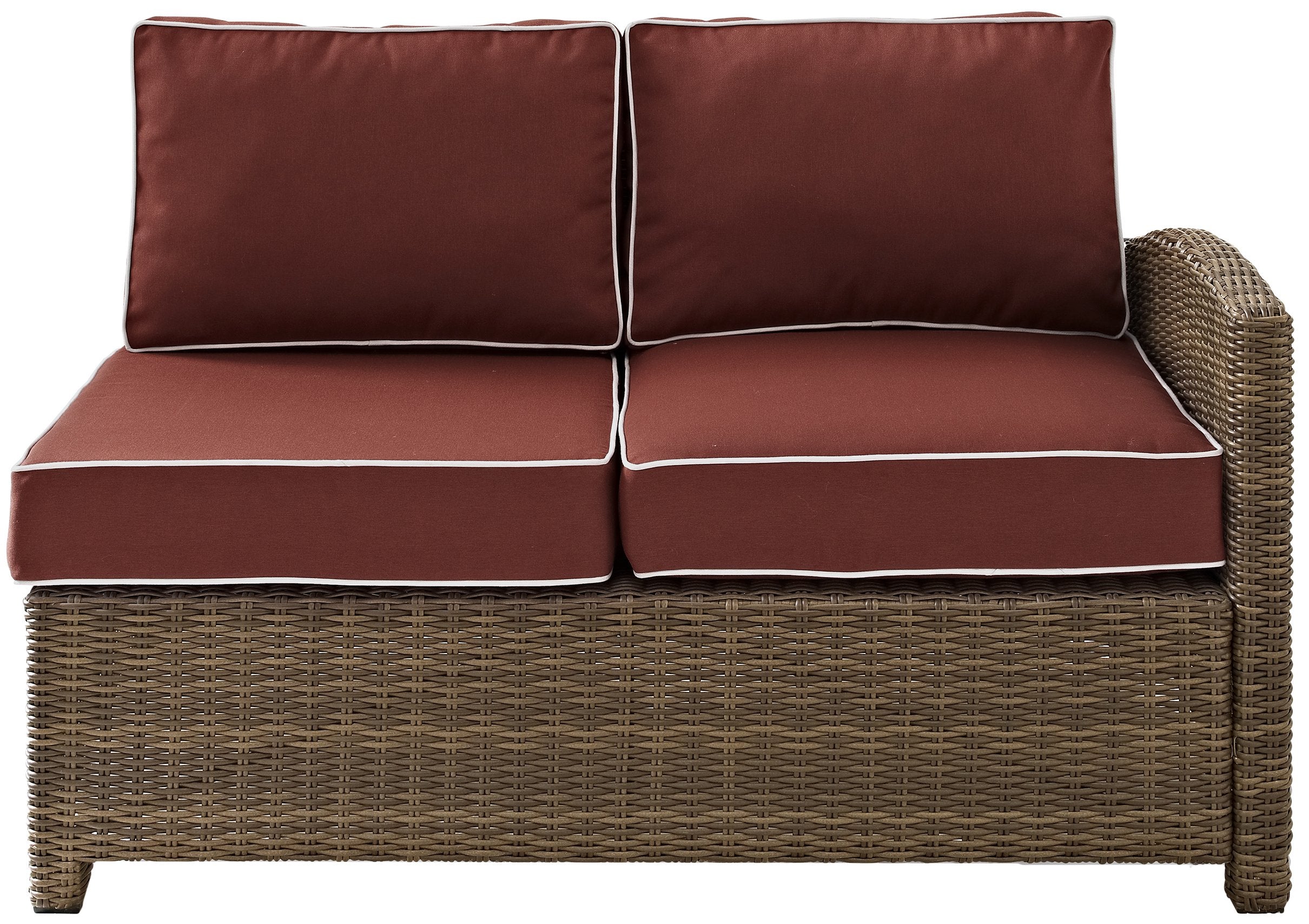 Crosley Furniture Bradenton Outdoor Sectional Right Side Loveseat, 2-Person Wicker Patio Couch for Deck, Brown with Sangria Cushions