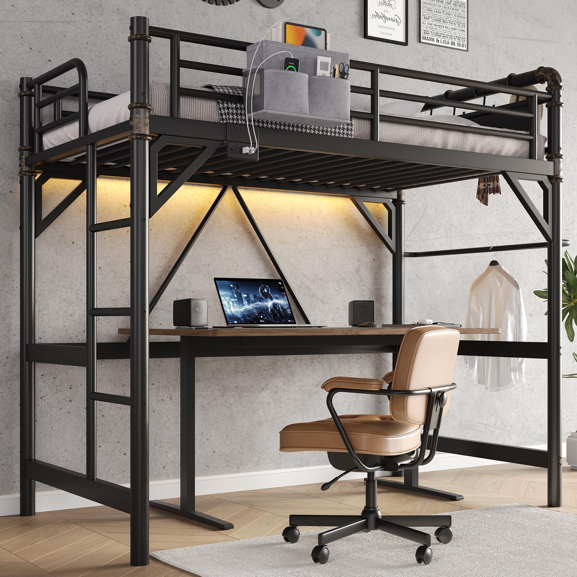 Twin Size Loft Bed with LED Lights and Charging Station, Industrial Heavy Duty Metal Loft Bed Frame with Ladder and Guardrail fo