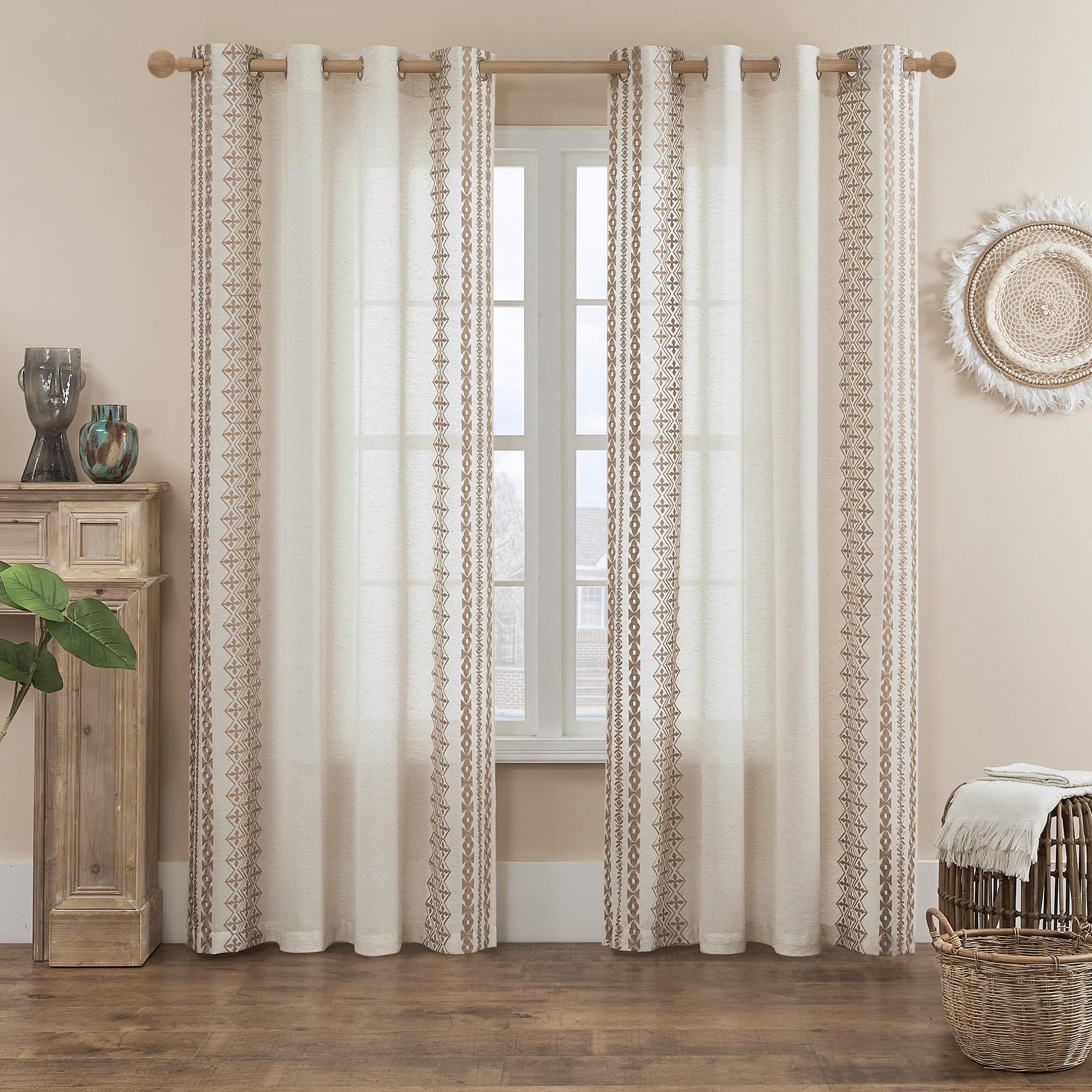 Boho Curtains 84 Inches Long 2 Panels Set For Living Room Bedroom Grommet Natural Linen Semi Sheer Bohemian Curtains Rustic Embr