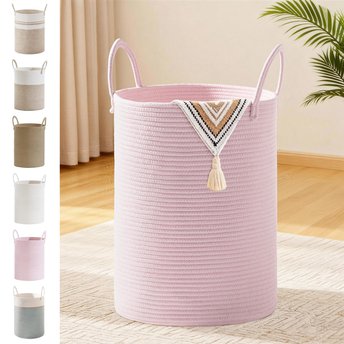 SunNewt 58L Tall Cotton Rope Laundry Basket with Handles, Pink