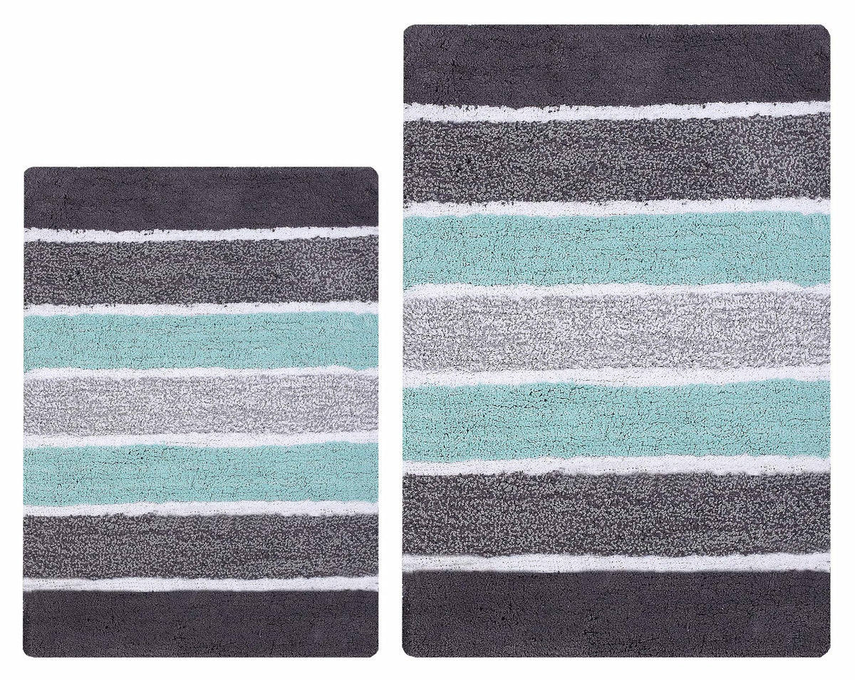 Bathroom Rugs Luxury Stripe Bath Rug Set 21X32-17X24 Grey-Aqua,2Piece Mat Set, Soft Plush Anti-Skid Shower Rug +Toilet Mat.Shagg