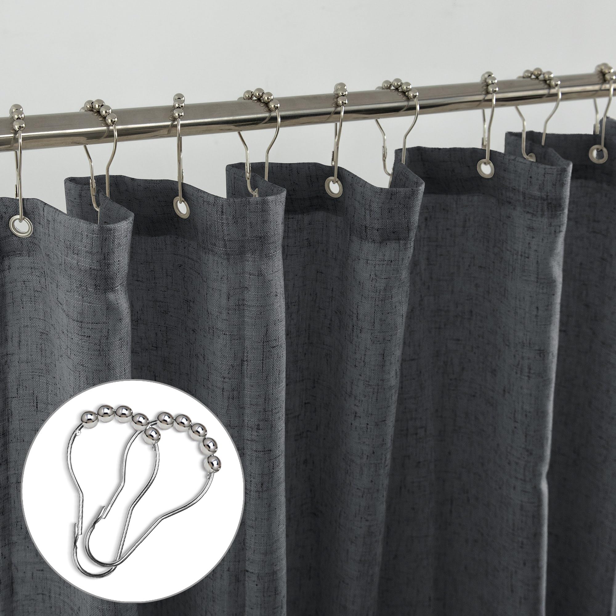 Koufall Dark Grey Waterproof Linen Fabric Shower Curtain For Bathroom 72X84 Inches Long