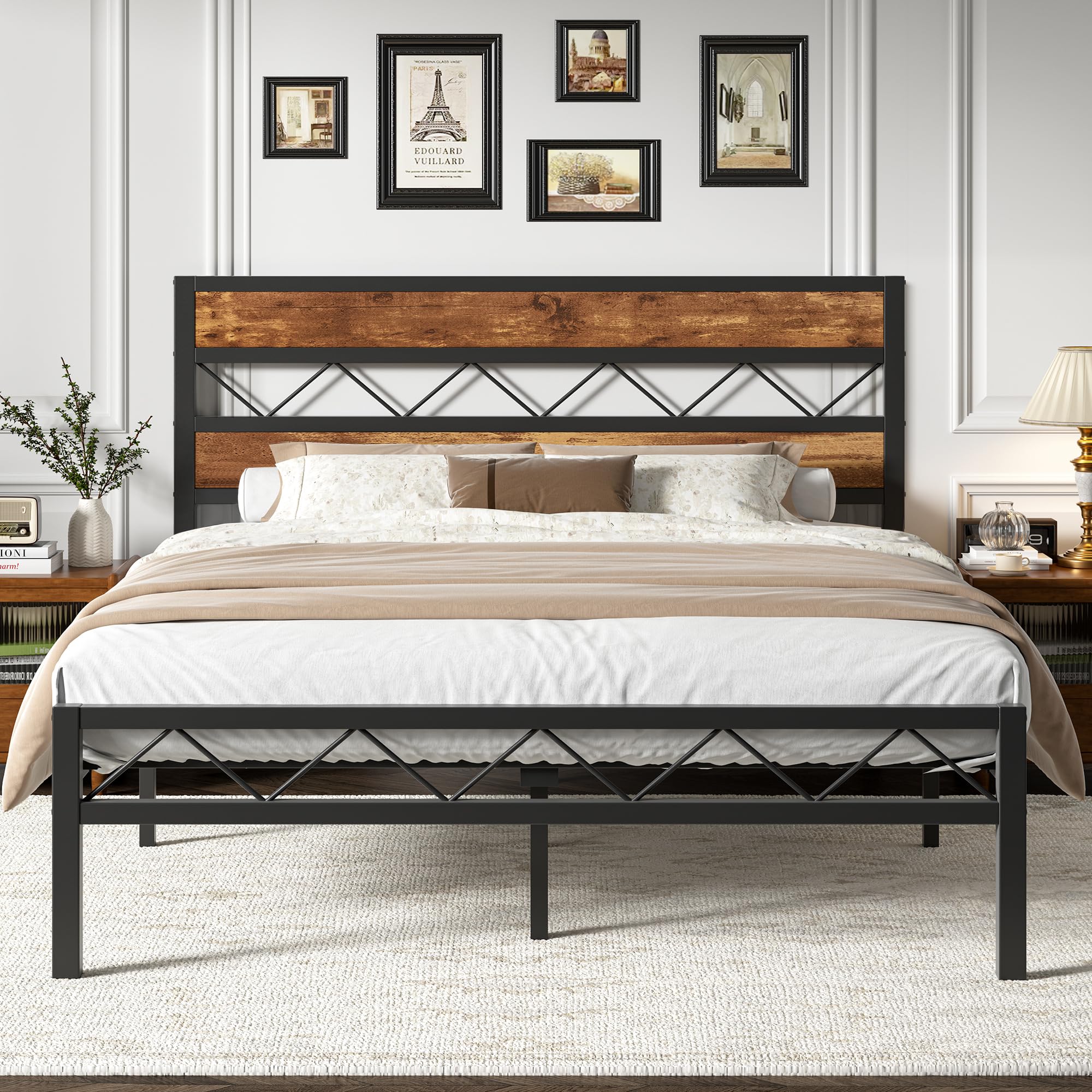 VECELO Queen Size Bed Frame with Headboard, Heavy-Duty Platform Bedframe with Metal Slats Support, No Box Spring Needed, Easy As