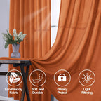 Mrs.Naturall Orange Linen Curtains 63 Inches Long For Bedroom,Sheer Retro 70S Boho Bohemian Farmhouse Pumpkin Halloween Autumn Curtains For Living Room 2 Panels Set,Burnt Orange Home Decoration