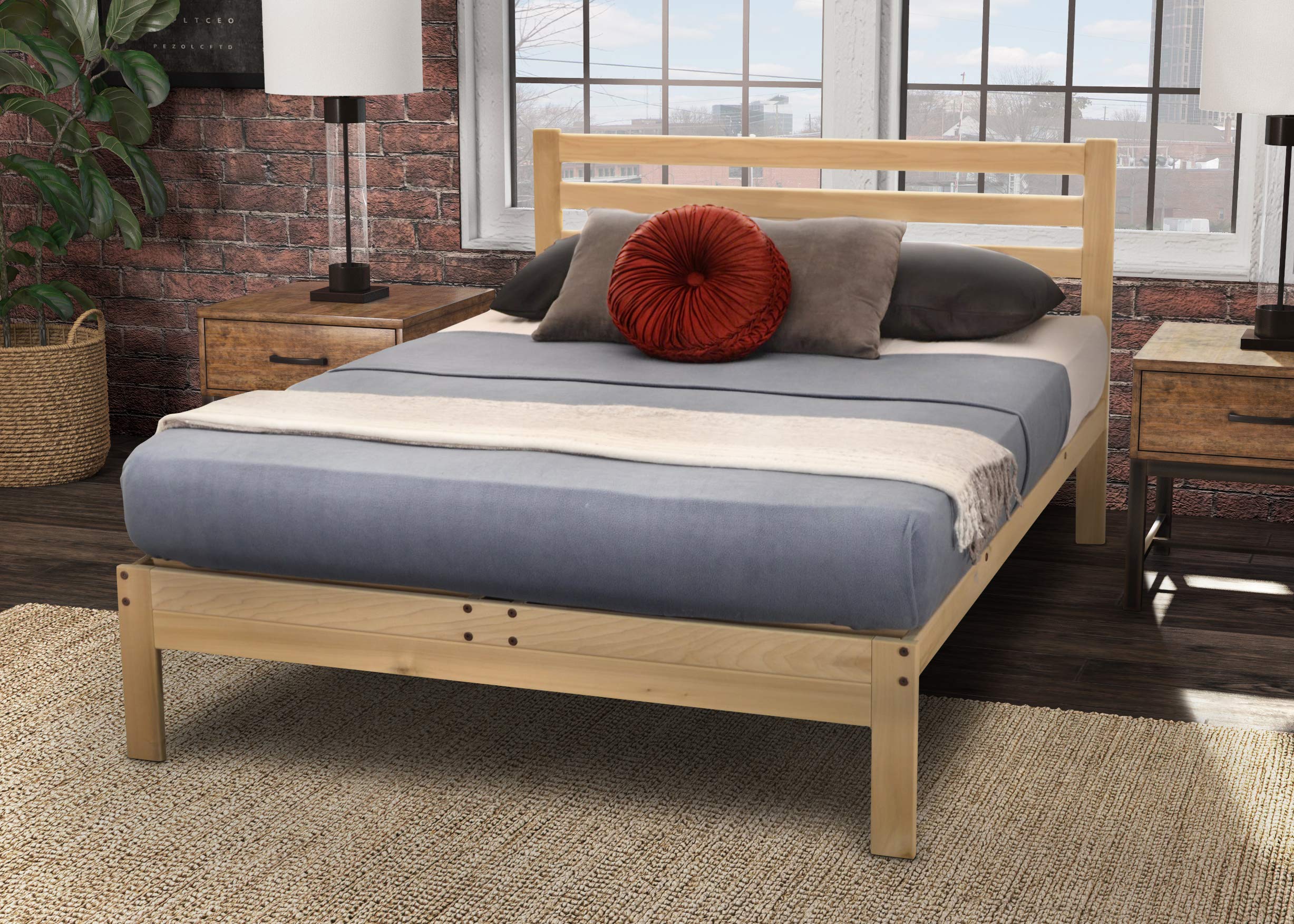 KD Frames Lexington Platform Bed - Full Bed Frame - Unfinished Wood Bed Frame - Natural, Minimalist Bed with Slatted Headboard -