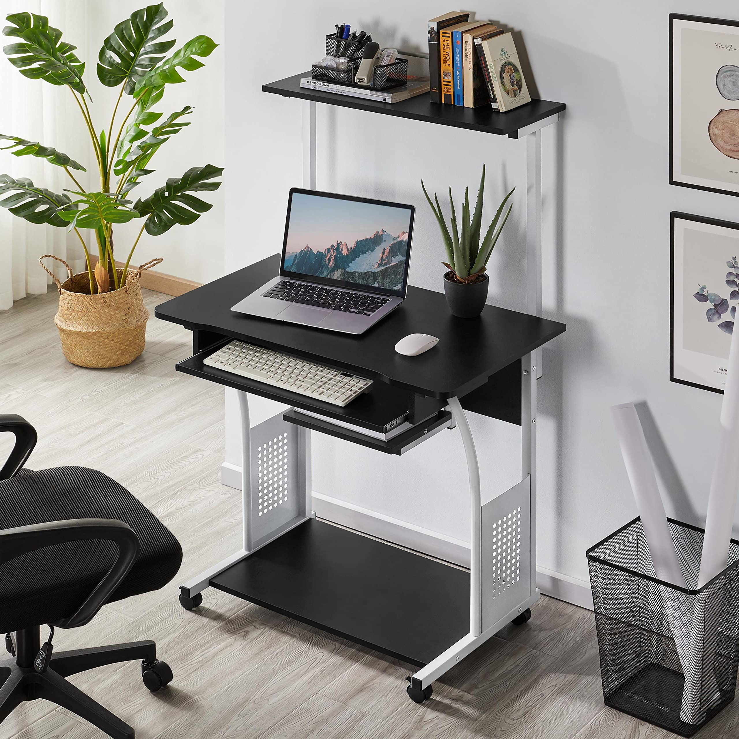 Yaheetech 2 Tier Mobile Computer Desk With Printer Shelf & Keyboard Tray Rolling Computer Table For Small Spaces, Compact Study Workstation With Wheels, Space Saving, Black