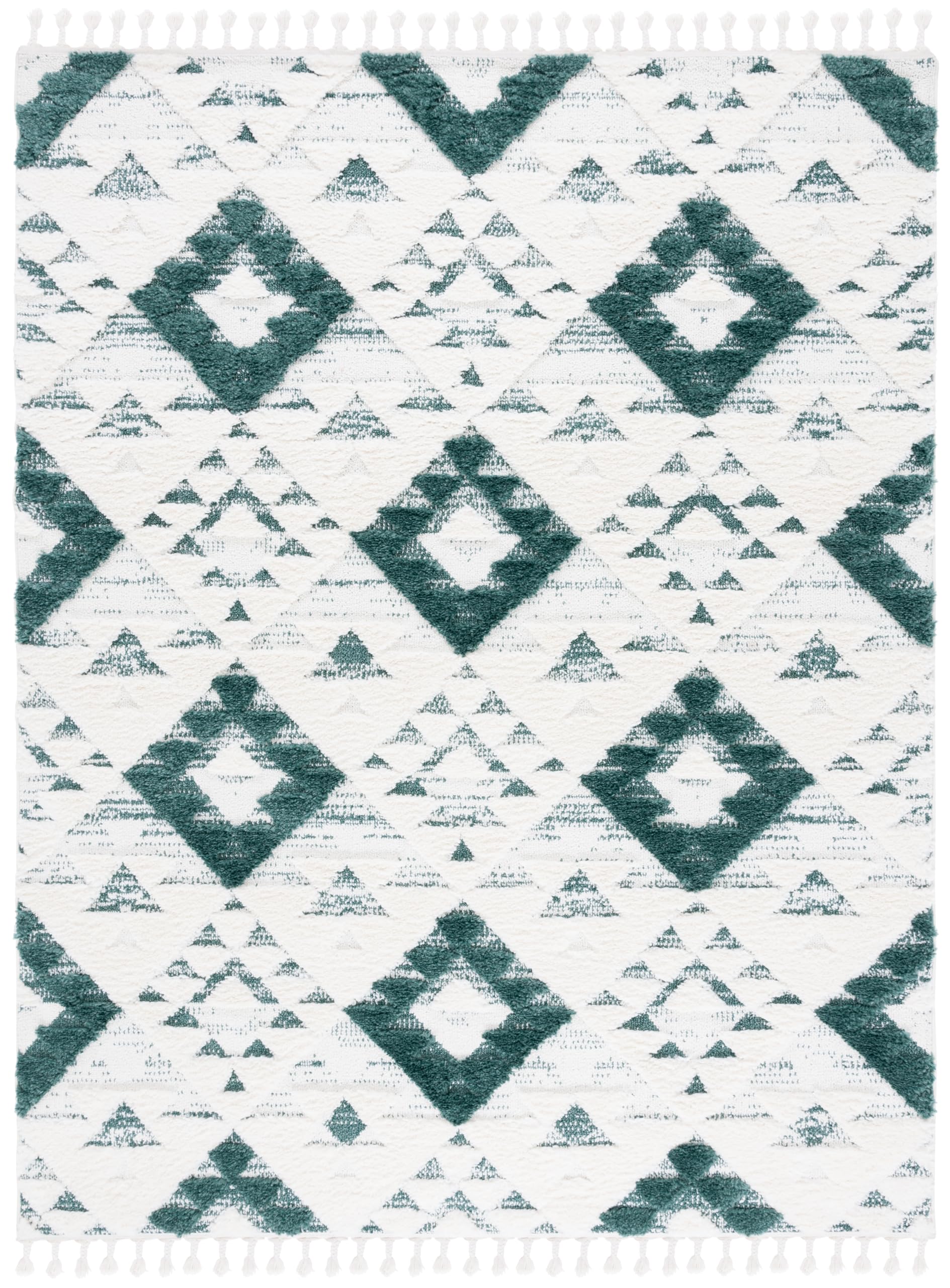 SAFAVIEH Moroccan Tassel Shag Collection Area Rug - 10 x 14, Green & Ivory, Plush 2-inch Thick, Ideal for High Traffic Areas i