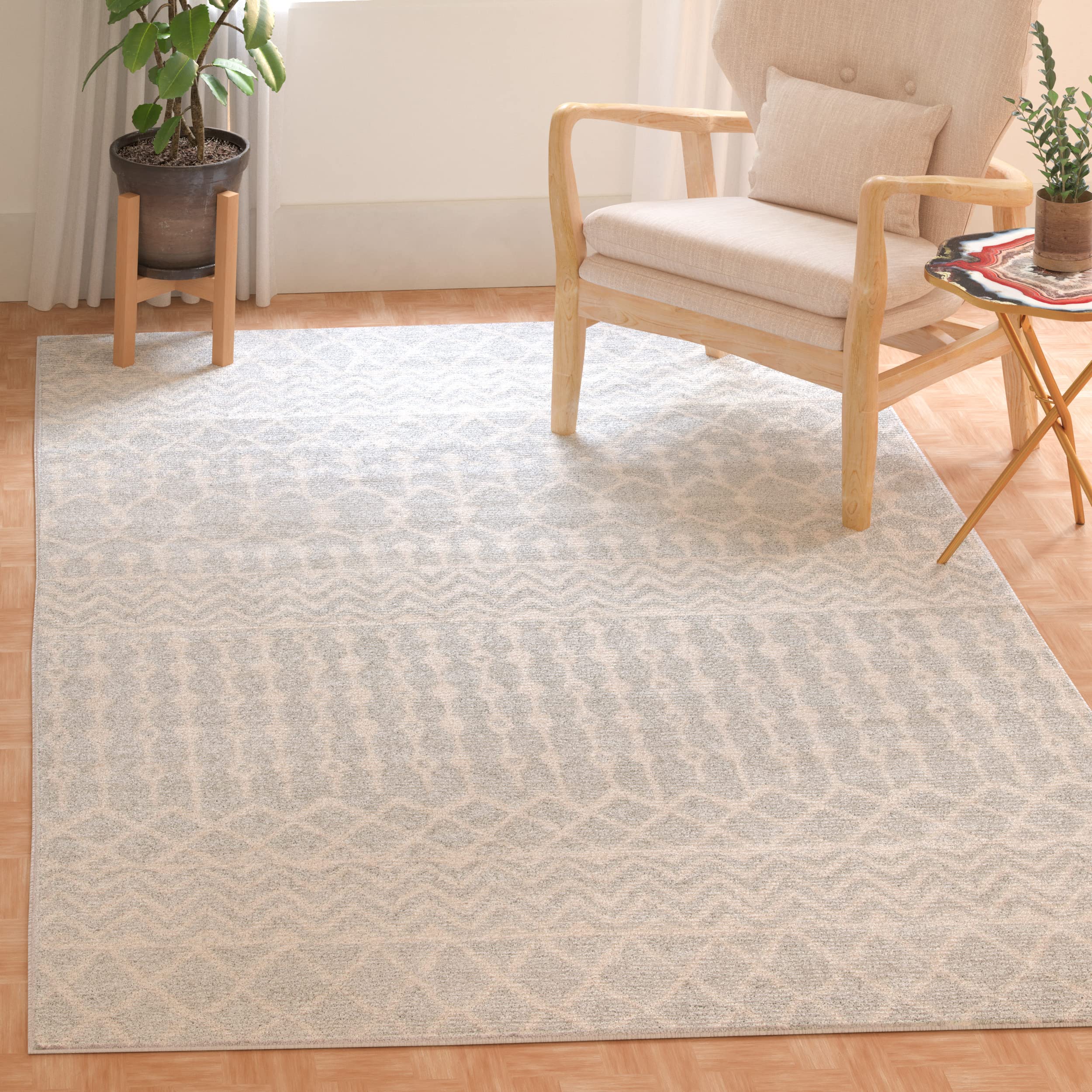 SAFAVIEH Tulum Collection Area Rug - 3 Square, Light Grey & Ivory, Moroccan Boho Distressed Design, Non-Shedding & Easy Care, I