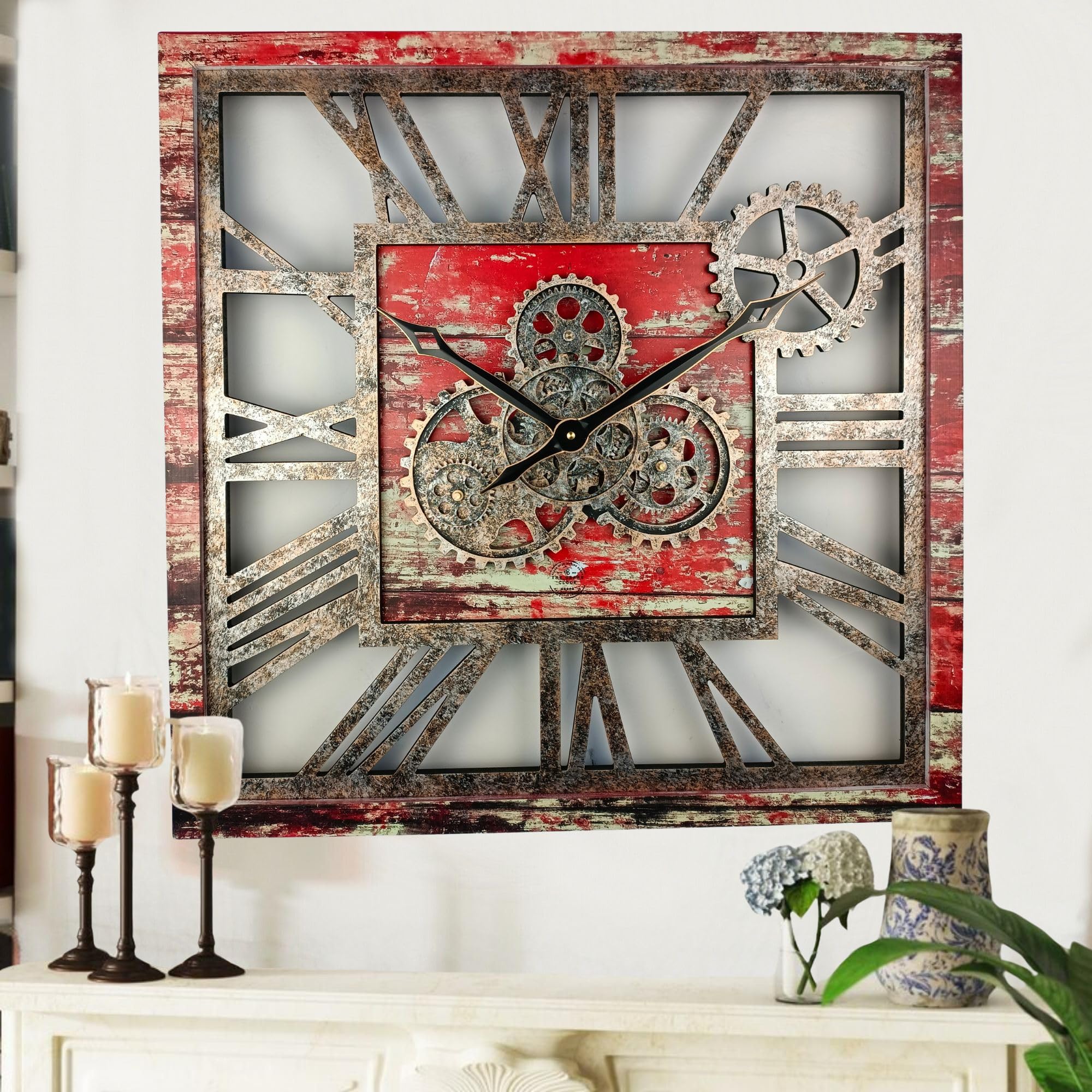 The Gears Clock 24 Inch Square Real Moving Gear Wall Clock Vintage Industrial Oversized Rustic Farmhouse (Red Lava)