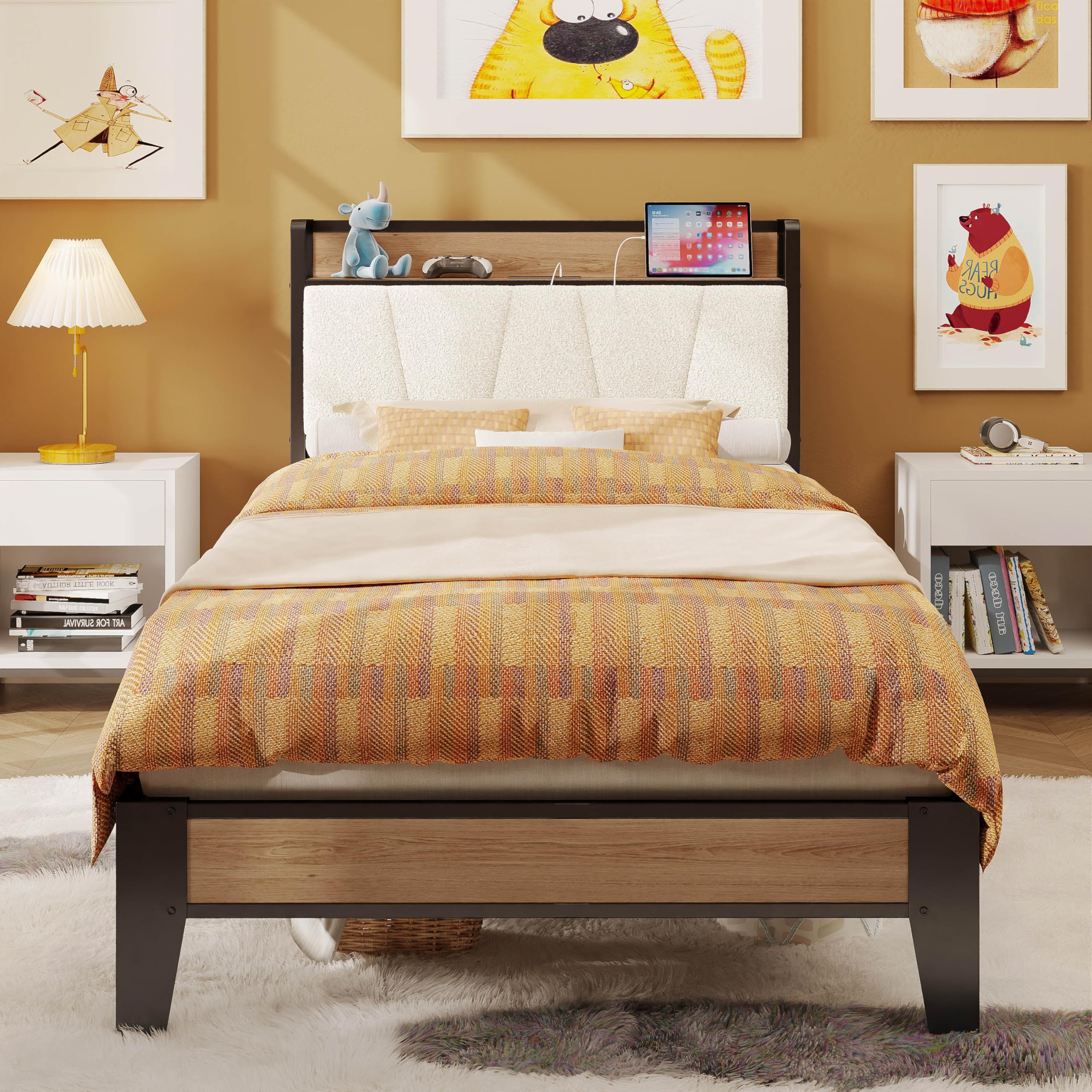 LIKIMIO Twin XL Bed Frames, Storage Headboard with Charging Station, Solid and Stable, Noise Free, No Box Spring Needed, Easy As