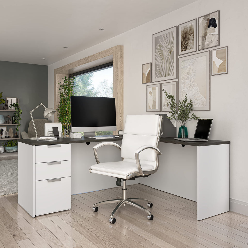 Bestar Pro-Concept Plus L-Shaped Desk With Pedestal, White & Deep Grey