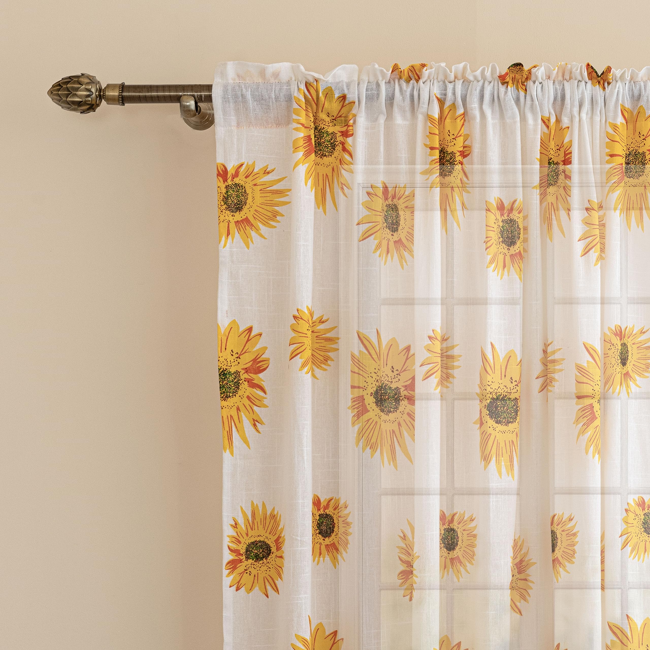 Homemonde Long Door 9 Feet Curtains Set Of 2  Cotton Sheer Linen Printed Curtain For Living Room Decoration, White Sun Flower D