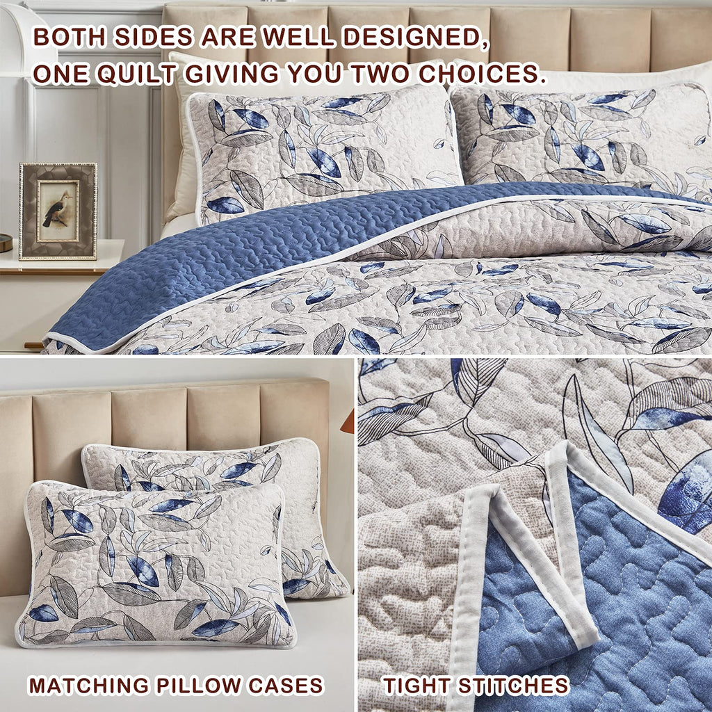 Joyreap Quilt Set California King- 102X114 Inches, 3 Pieces Lightweight Microfiber Quilt, Botanical Blue Leaves On Light Gray De