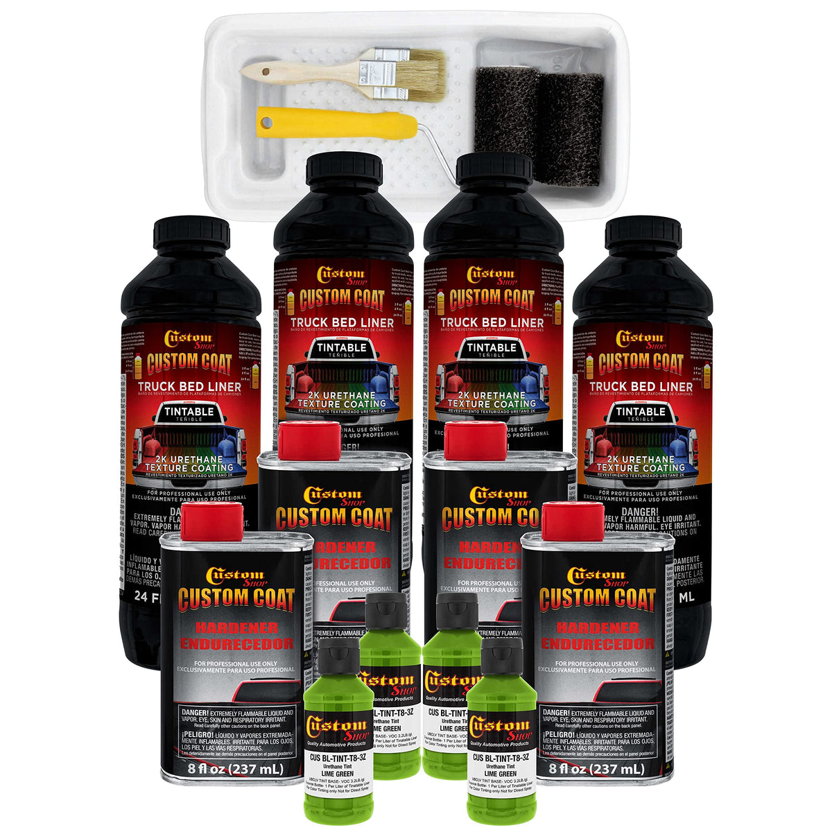 Custom Coat Lime Green 1 Gallon Urethane Roll-On, Brush-On Or Spray-On Truck Bed Liner Kit With Roller And Brush Applicator Kit