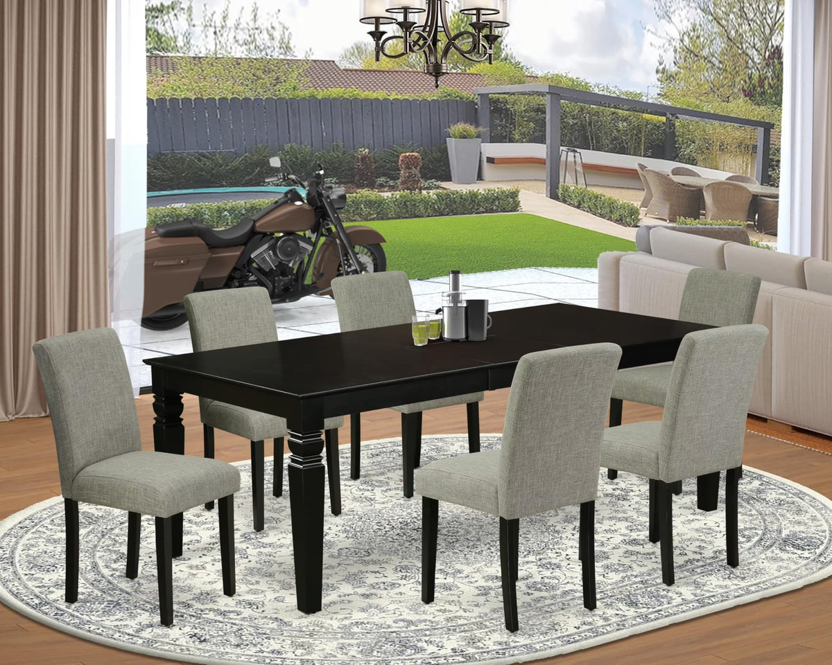 East West Furniture Lgab7-Blk-06 7 Piece Dining Room Table Set Consist Of A Rectangle Wooden Table With Butterfly Leaf And 6 Shitake Linen Fabric Upholstered Chairs, 42X84 Inch, Black