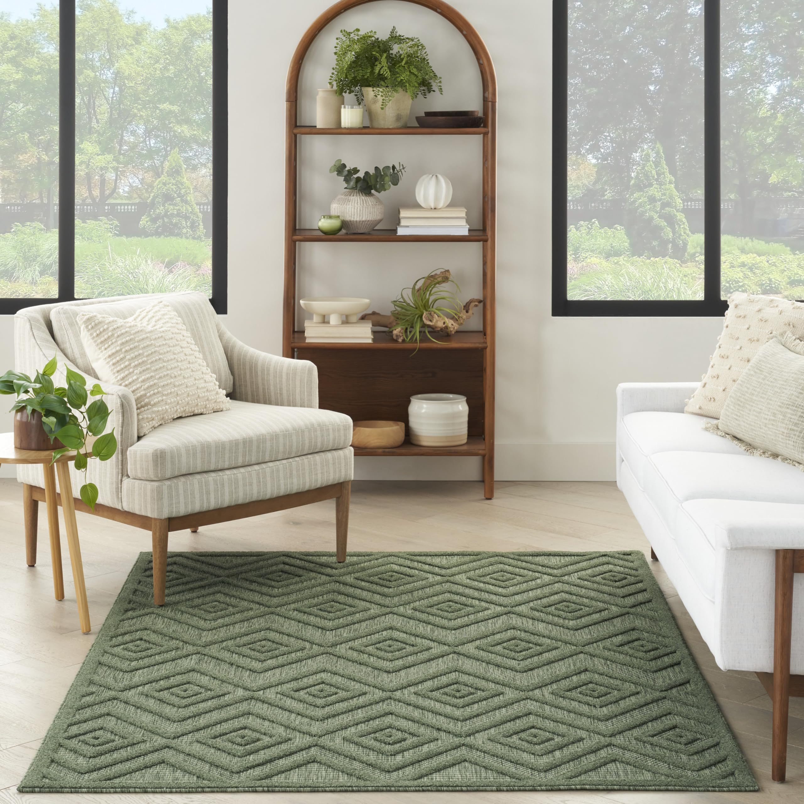 Nourison Versatile Indoor/Outdoor Green 5' X 7' Area Rug, Easy Cleaning, Non Shedding, Bed Room, Living Room, Dining Room, Backyard, Deck, Patio (5X7)