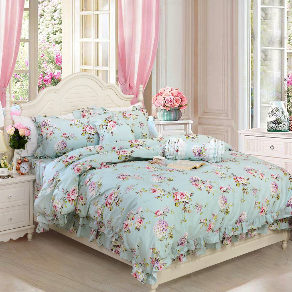 Fadfay Shabby Floarl Cotton Bedding Set Queen 4-Pieces Light Blue Hydrangea Print Duvet Cover Set With Bedskirt French Country S