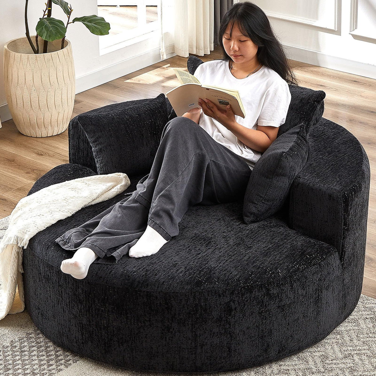 Hzanhy 55'L Chenille Sponge Single Sofa,Oversized Round Chair,Fluffy Modern Sleeper Chair For Living Room, Lounge And Projectio