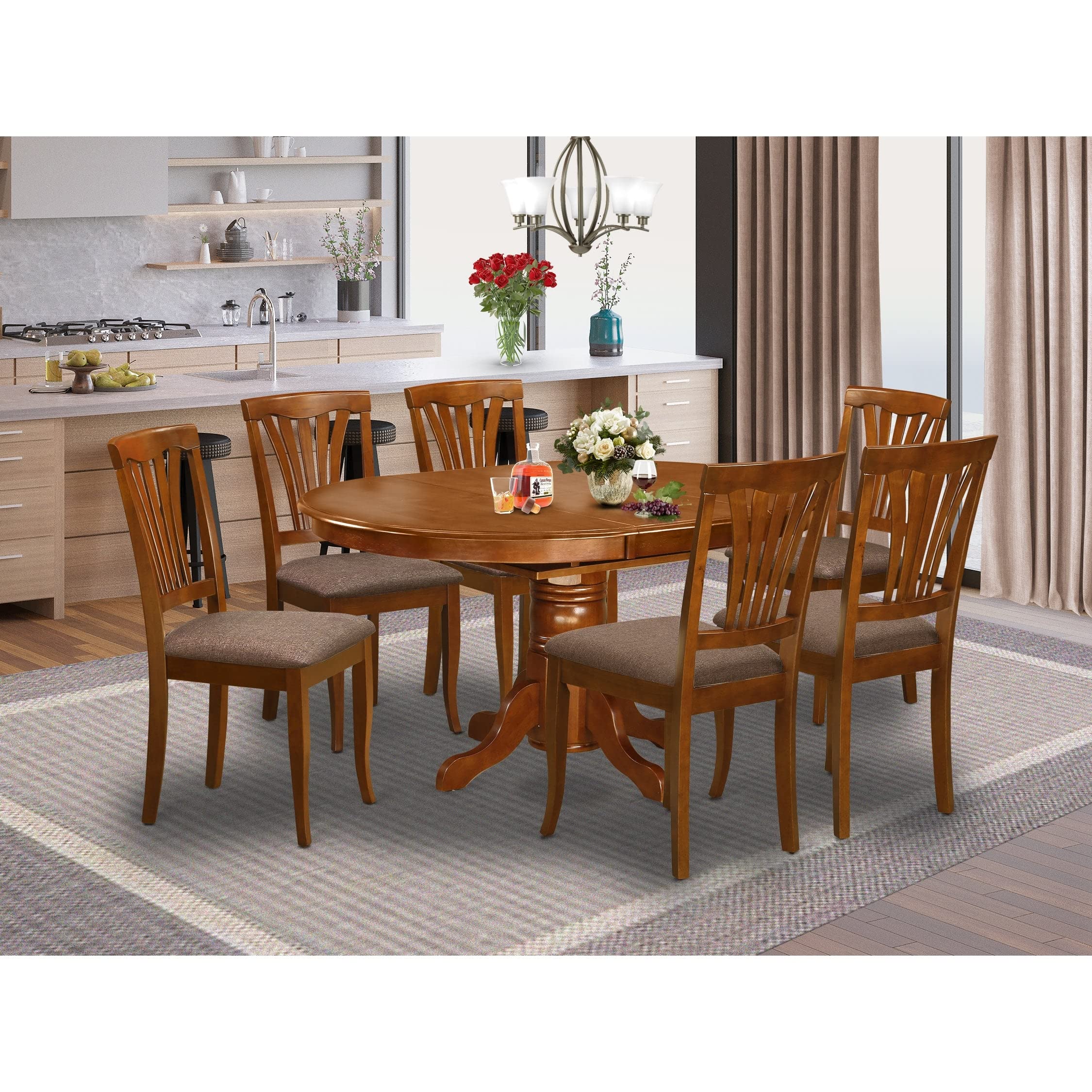 East West Furniture Avon 7 Piece Modern Set Consist of an Oval Wooden Table with Butterfly Leaf and 6 Faux Leather Kitchen Dining Chairs, 42x60 Inch, Saddle Brown
