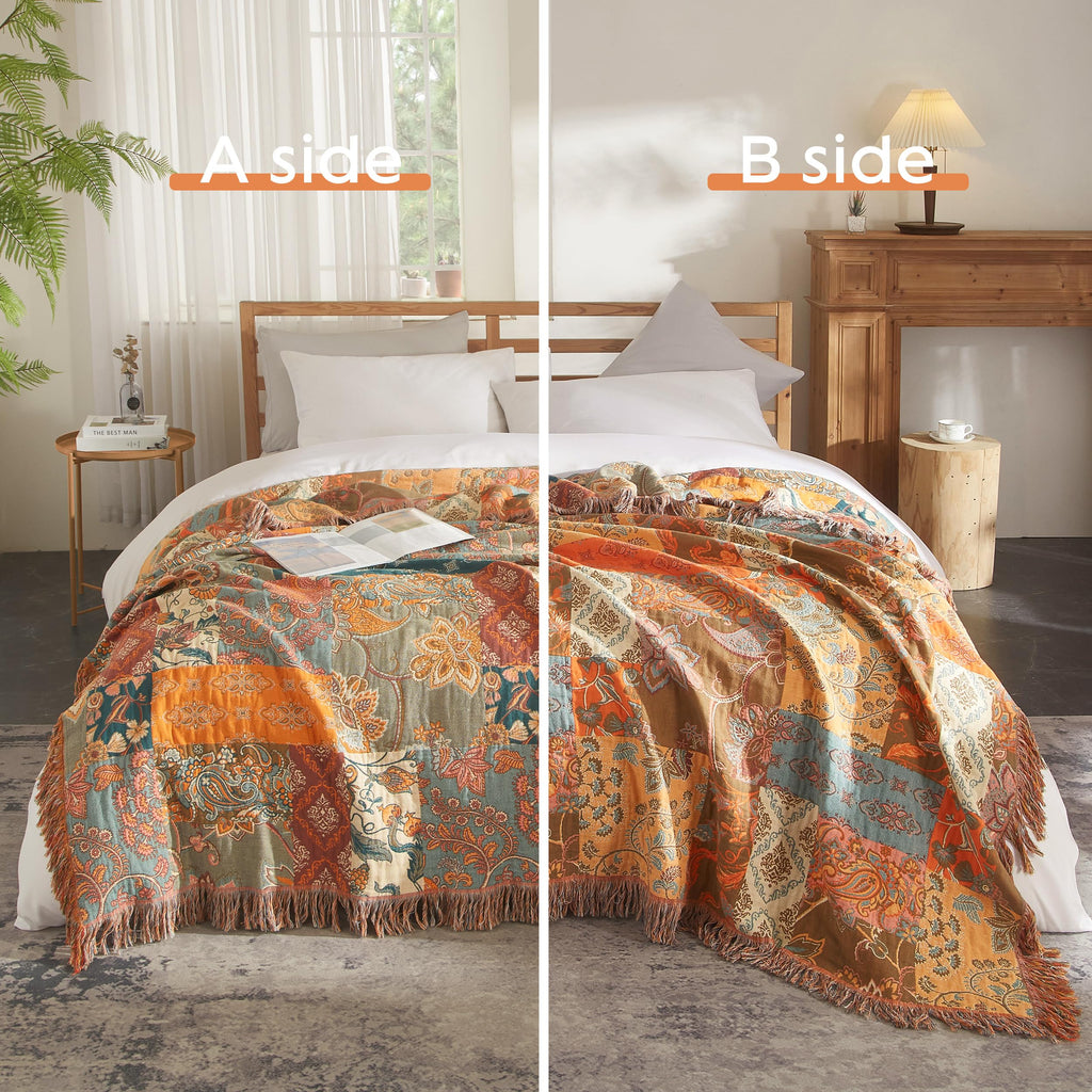 Boho Throw Blanket For Bed 90   X98   , 100% Cotton Woven Blanket For Couch Sofa, Ultra Soft 4-Layer Muslin Quilt With Patchwork