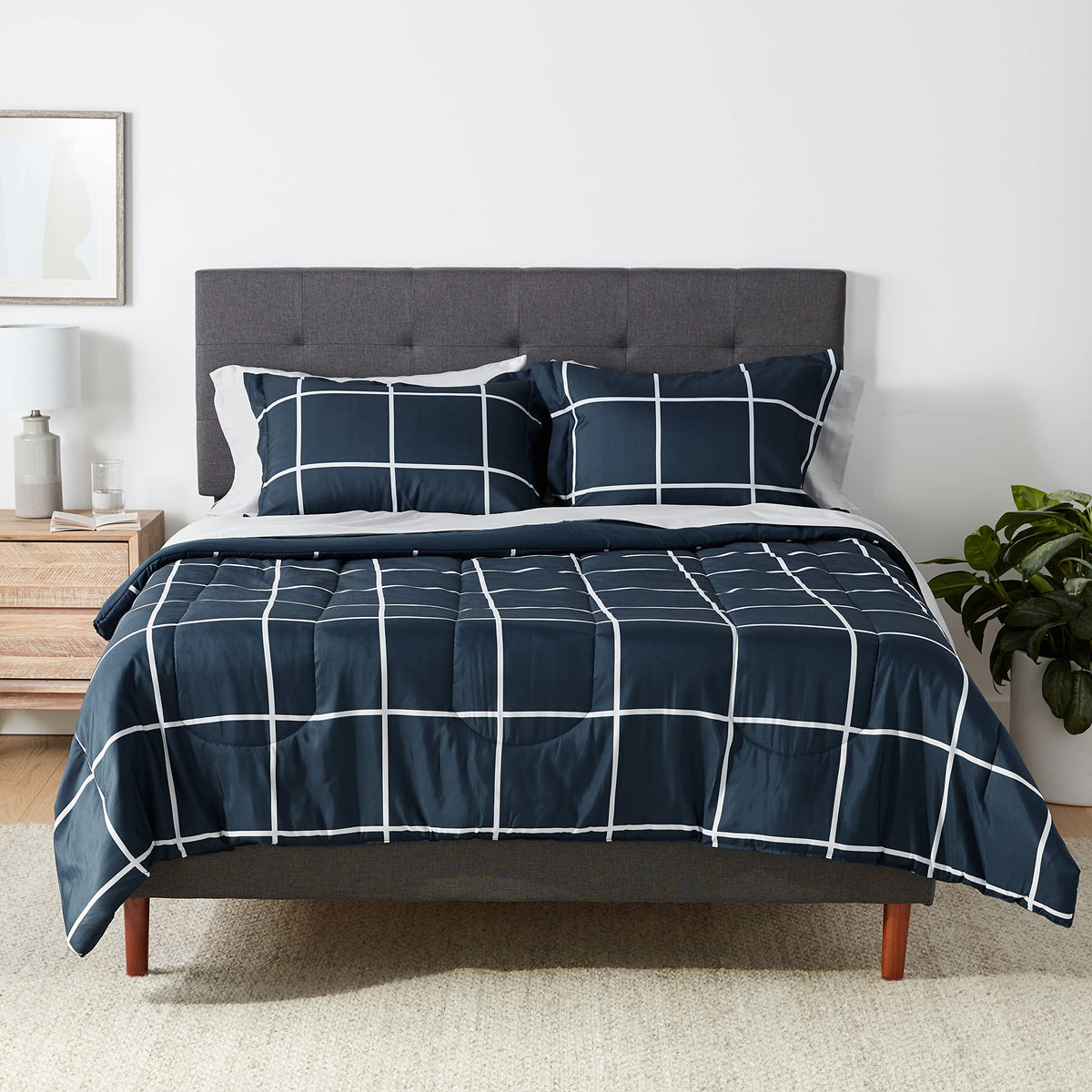 Amazon Basics Full/Queen Comforter Set with Sheets, 5-Piece Navy with Grey Plaid Bedding, Lightweight Microfiber Bed-in-a-Bag