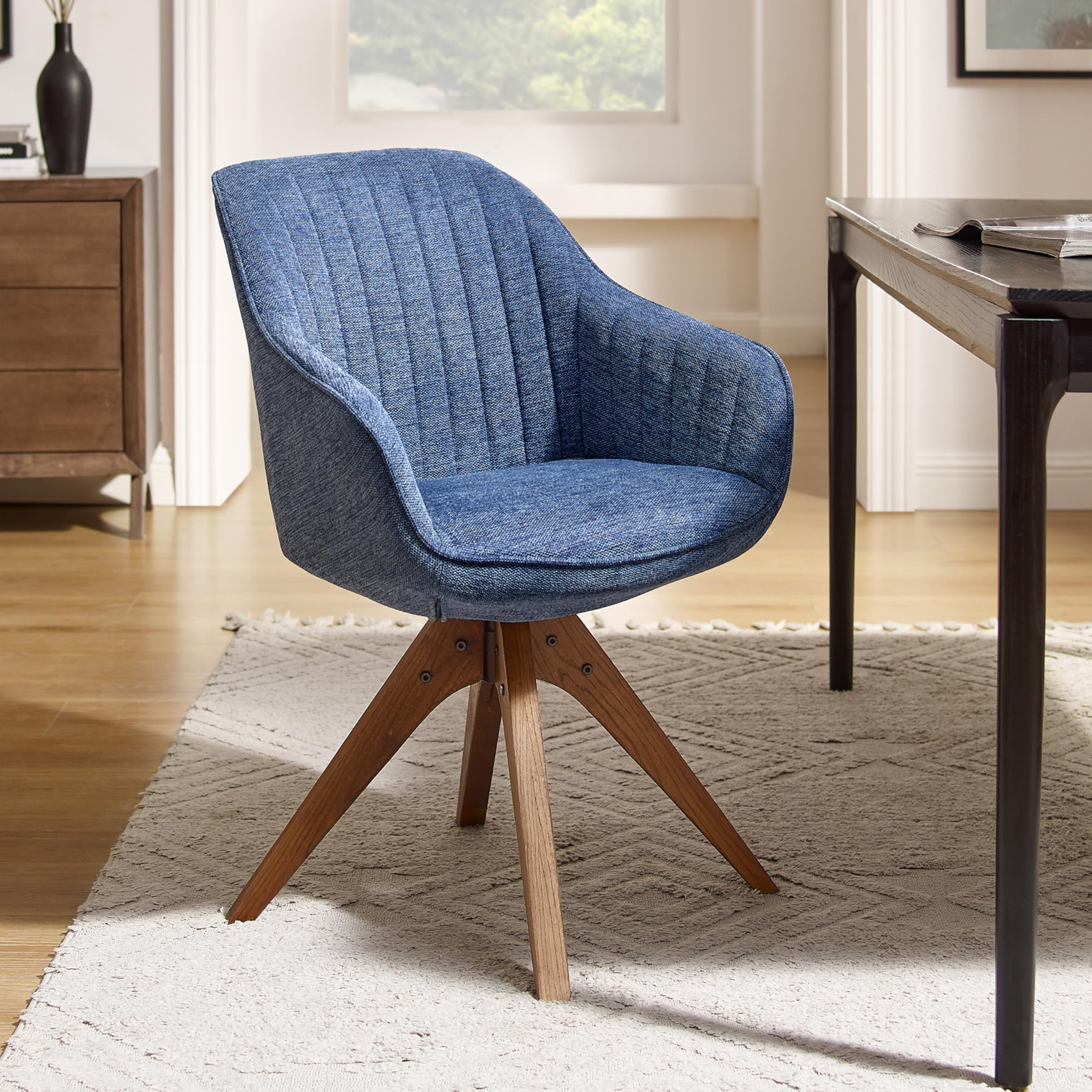 Art Leon Desk Chair - Mid Century Modern Office Chair No Wheels, Swivel Accent Chair with Oak Wood Legs, Fabric Upholstered Arm 