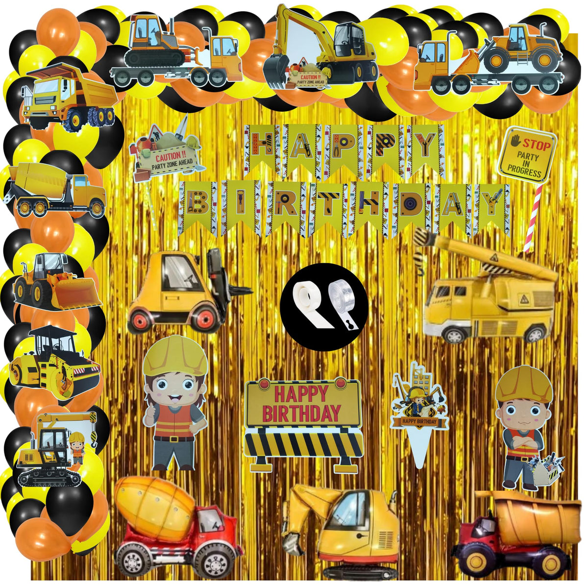 FI  FLICK IN JCB Construction Birthday Decoration Set 84 Pcs Happy Birthday Transport Theme Dump Truck Party Decoration for Boy