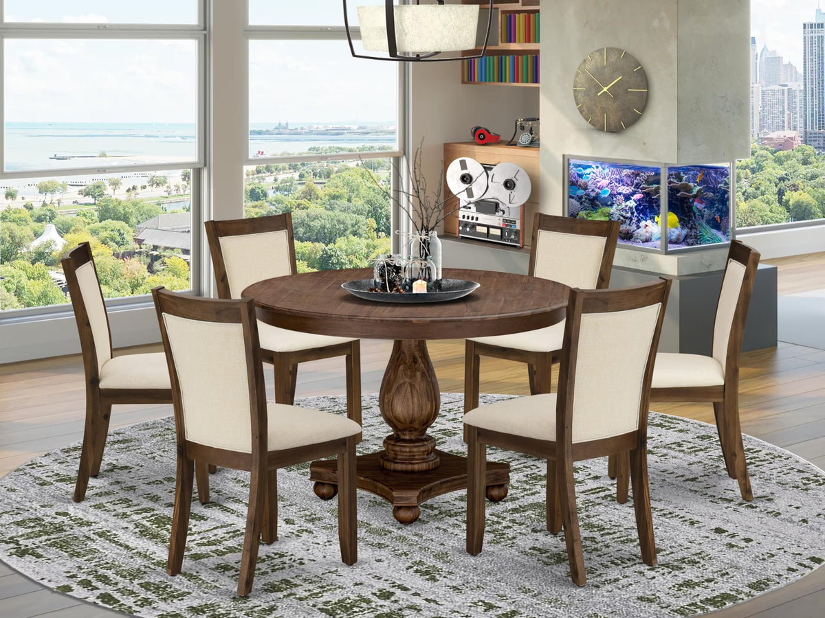 East West Furniture F2MZ7-NN-32 7 Piece Kitchen Table Set Consist of a Round Dining Table with Pedestal and 6 Light Beige Linen Fabric Parson Chairs, 48x48 Inch, Sandblasting Antique Walnut