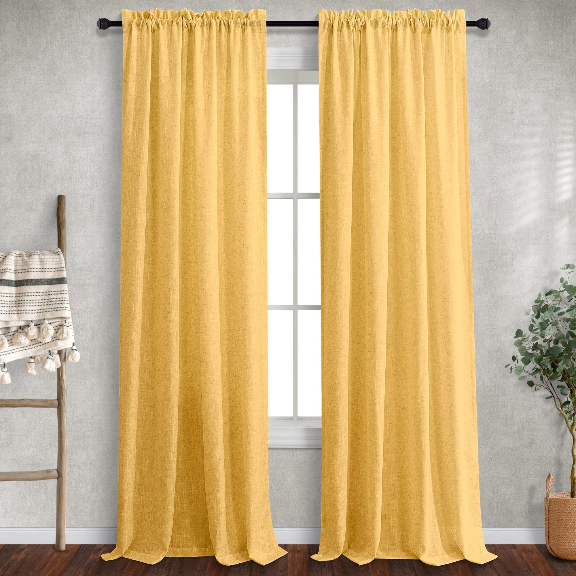 Mrs.Naturall Yellow Gold Curtains 90 Inch Length For Bedroom 2 Panels Pocket Fall Drapes Semi Sheer Light Filter Mustard Yellow Gold Curtains For Living Room Family Sitting Playroom Sunroom 52X90 Long
