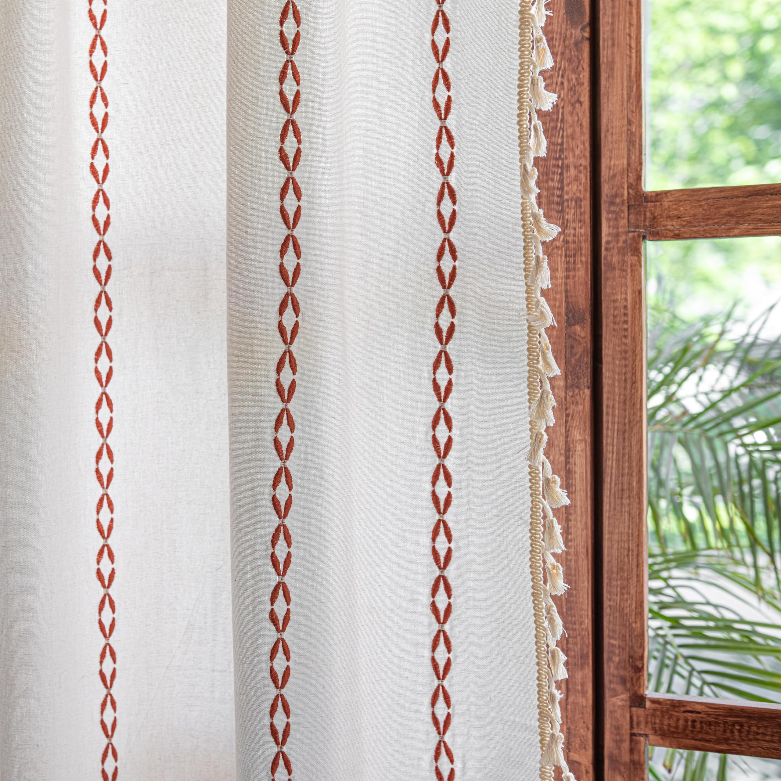 Sutuo Home White and Terracotta Boho Curtains for Bedroom Living Dining Room 90 Inches Long, Light Filtering Cotton Embroideried