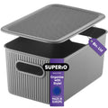 Superio Ribbed Collection - Decorative Plastic Lidded Home Storage Bins Organizer Baskets, Medium Grey (1 Pack - 5 Liter) Stacka