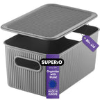 Superio Ribbed Collection - Decorative Plastic Lidded Home Storage Bins Organizer Baskets, Medium Grey (1 Pack - 5 Liter) Stacka