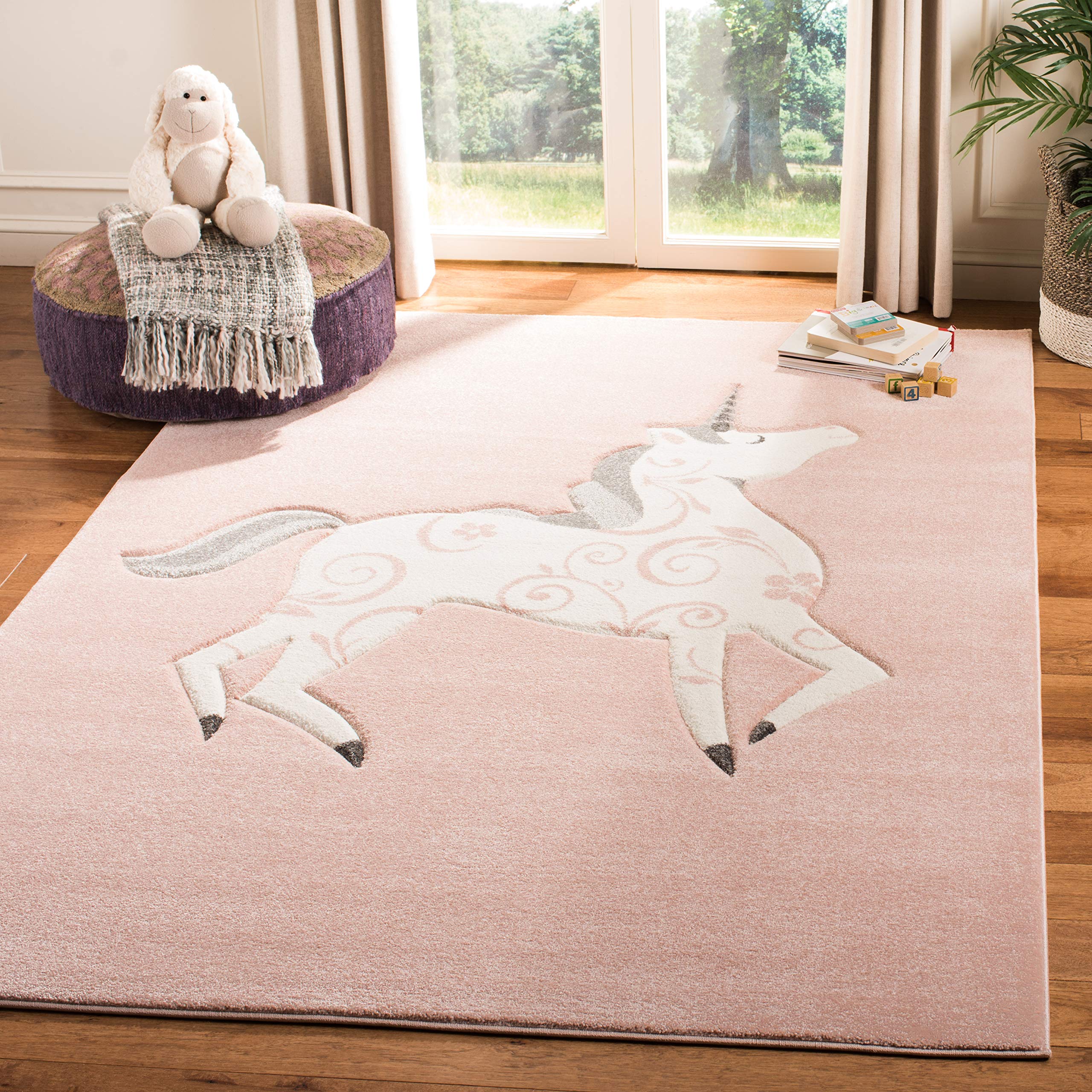 SAFAVIEH Carousel Kids Collection 67 Square Pink / Ivory CRK163P Unicorn Nursery Playroom Area Rug