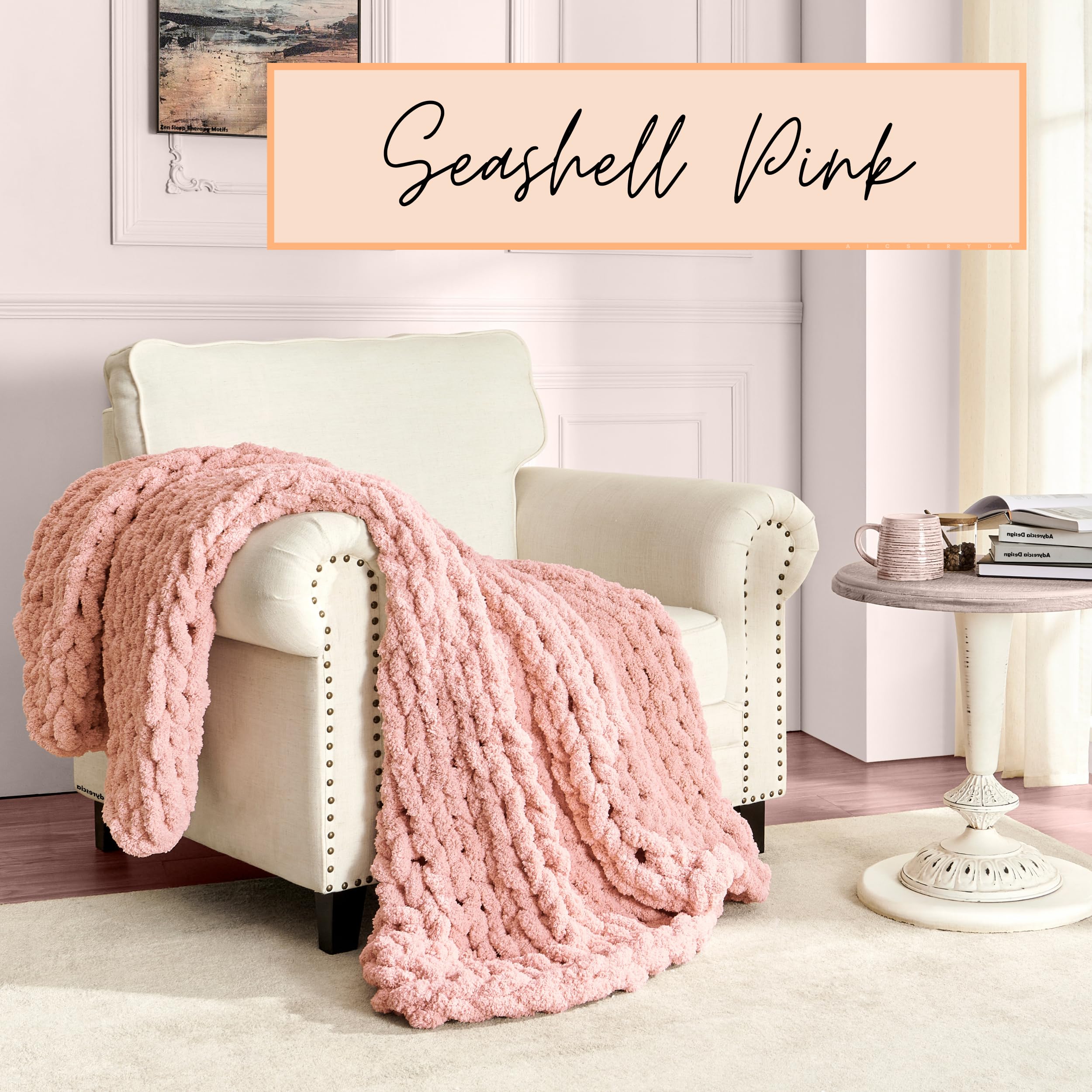 Adyrescia Chunky Knit Blanket Throw | 100% Hand Knit With Jumbo Chenille Yarn (50''X60'', Seashell Pink)